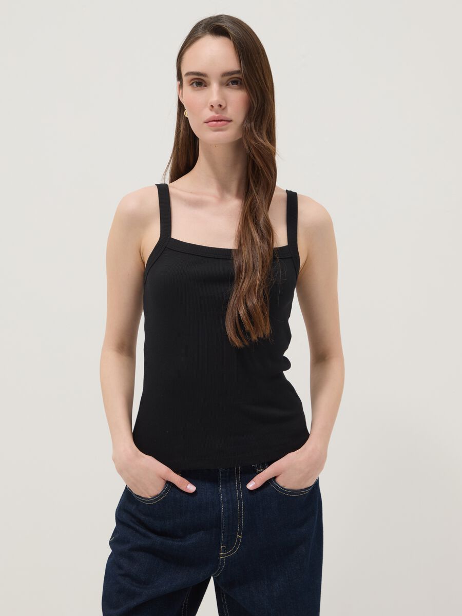 Black ribbed pure cotton tank top_1
