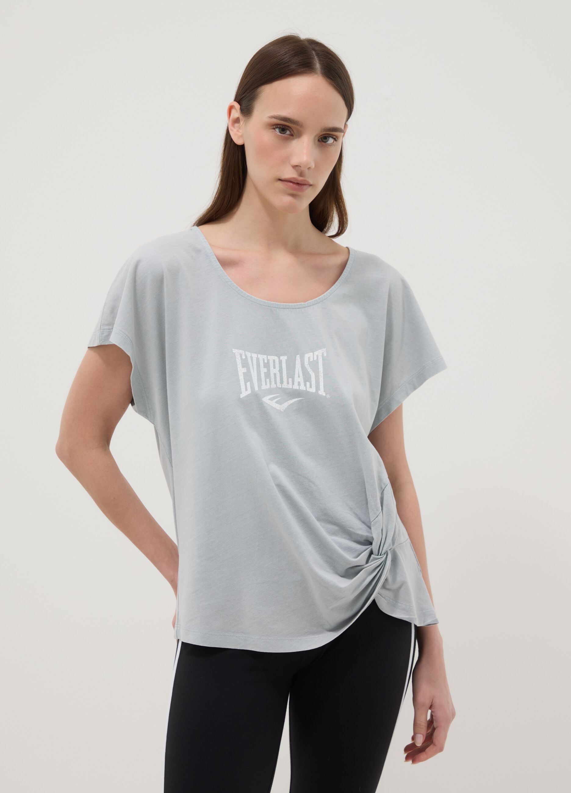 Grey pure cotton T-shirt with regular fit and knot detail