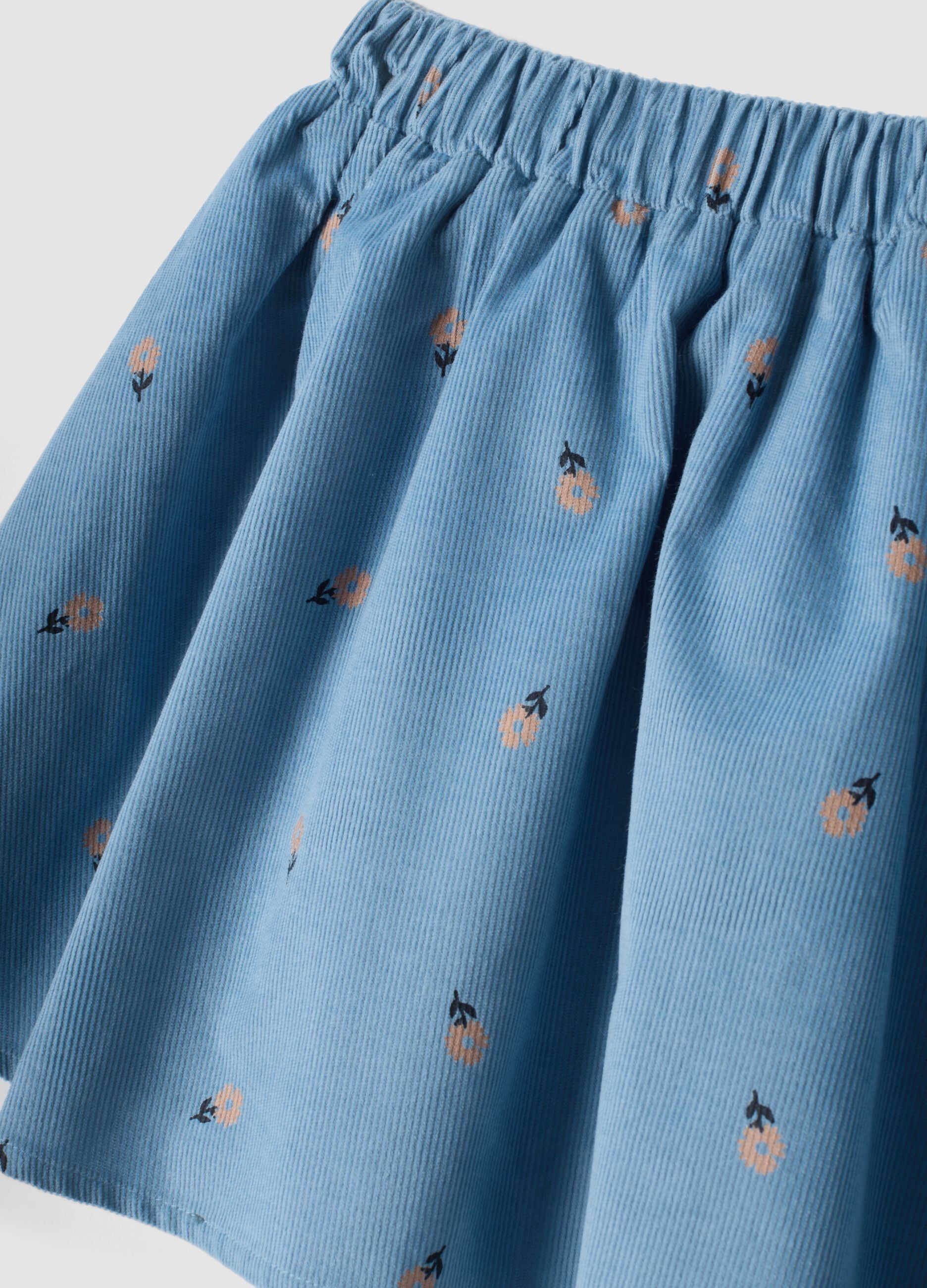 Blue ribbed pure cotton skort with floral print