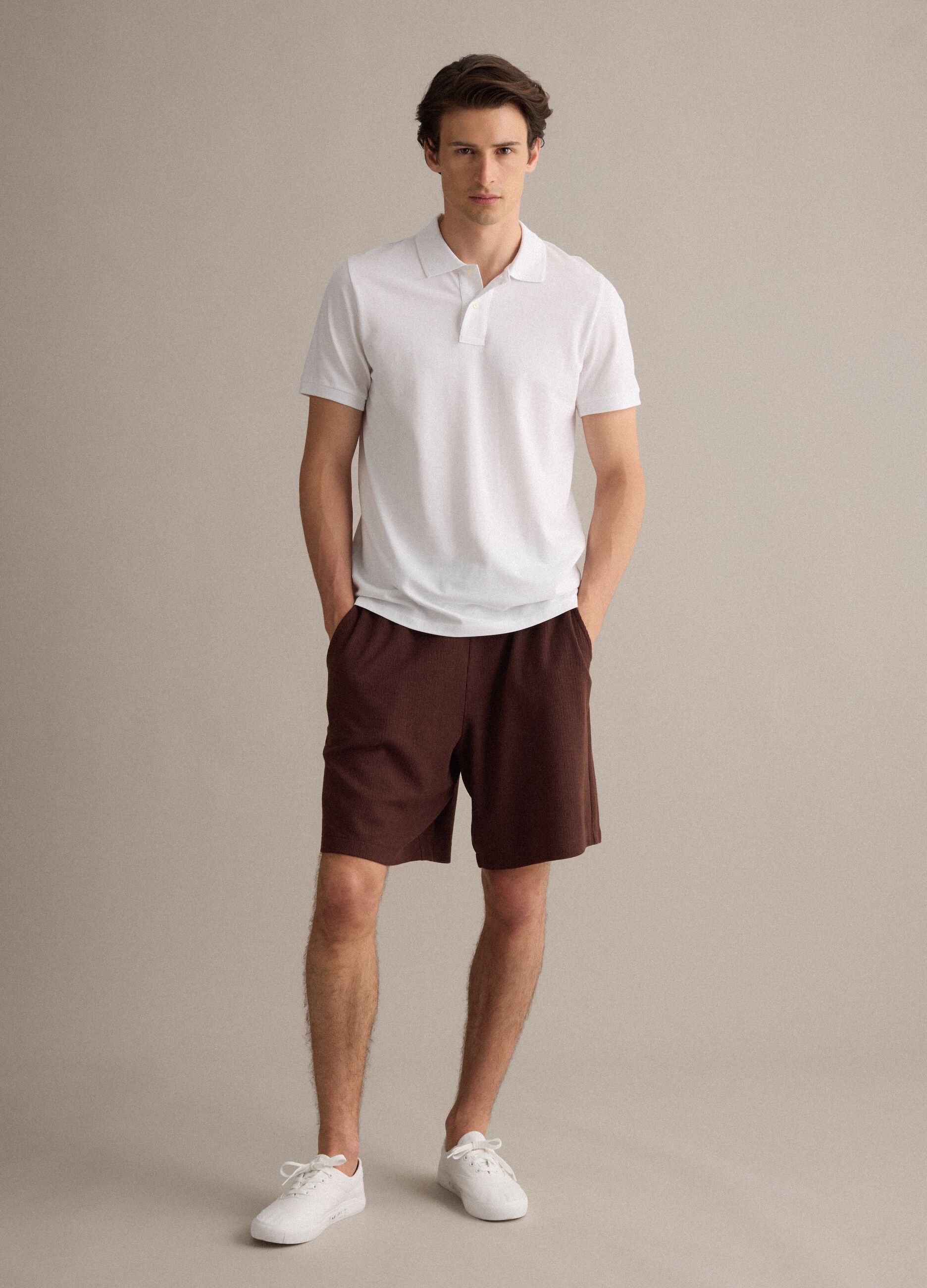 Brown cotton-blend jogger shorts with drawstring, relaxed fit