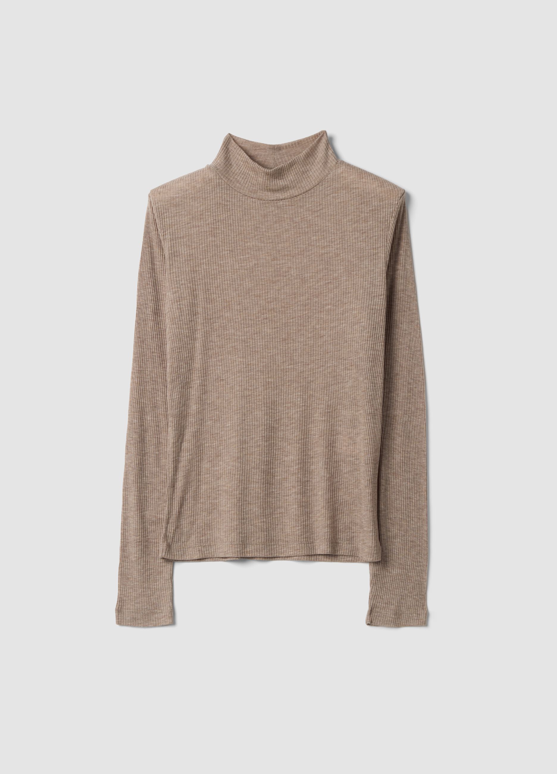 Beige ribbed lyocell-wool blend T-shirt, regular fit