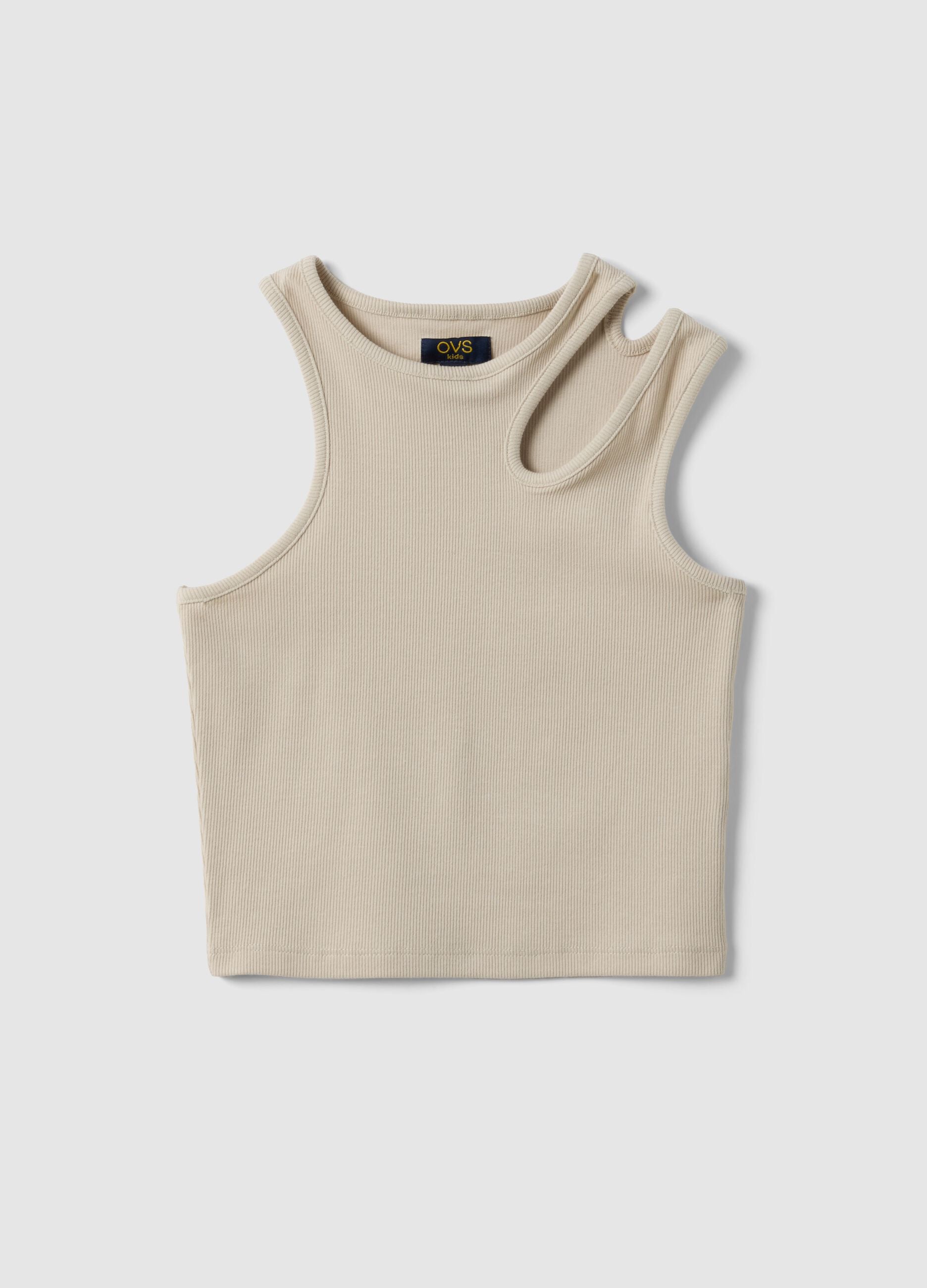 Girls' beige fitted cotton stretch tank top