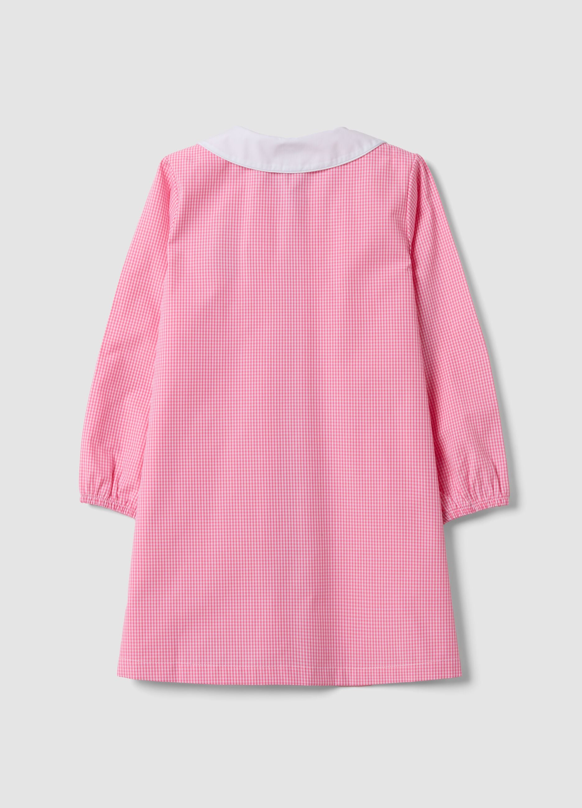 Pink gingham nursery apron with zip, white collar and Frozen embroidery