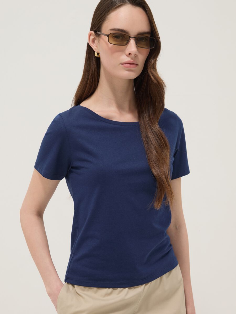 Blue pure cotton short-sleeve T-shirt_0