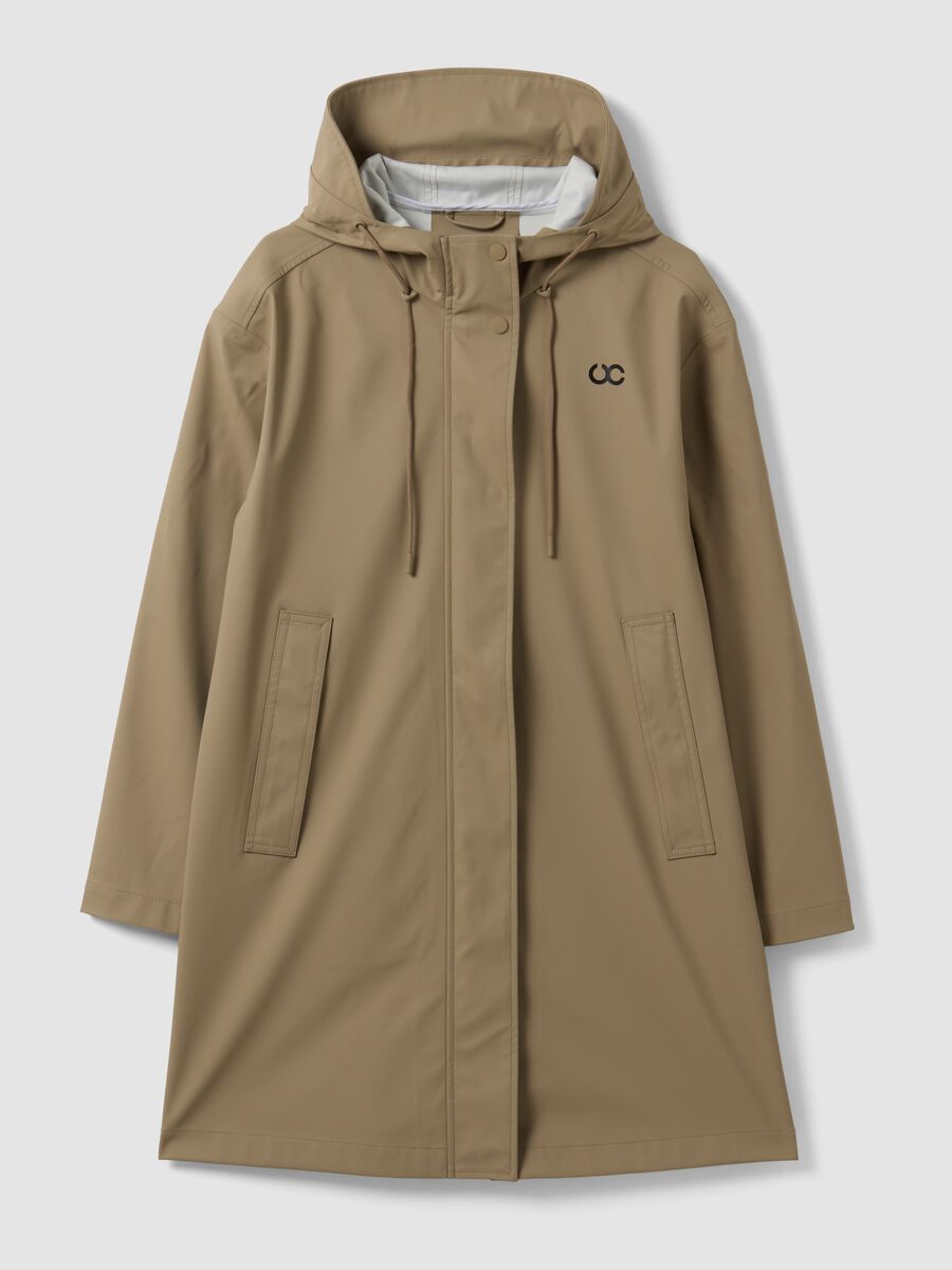 Beige long hooded jacket with zip_4