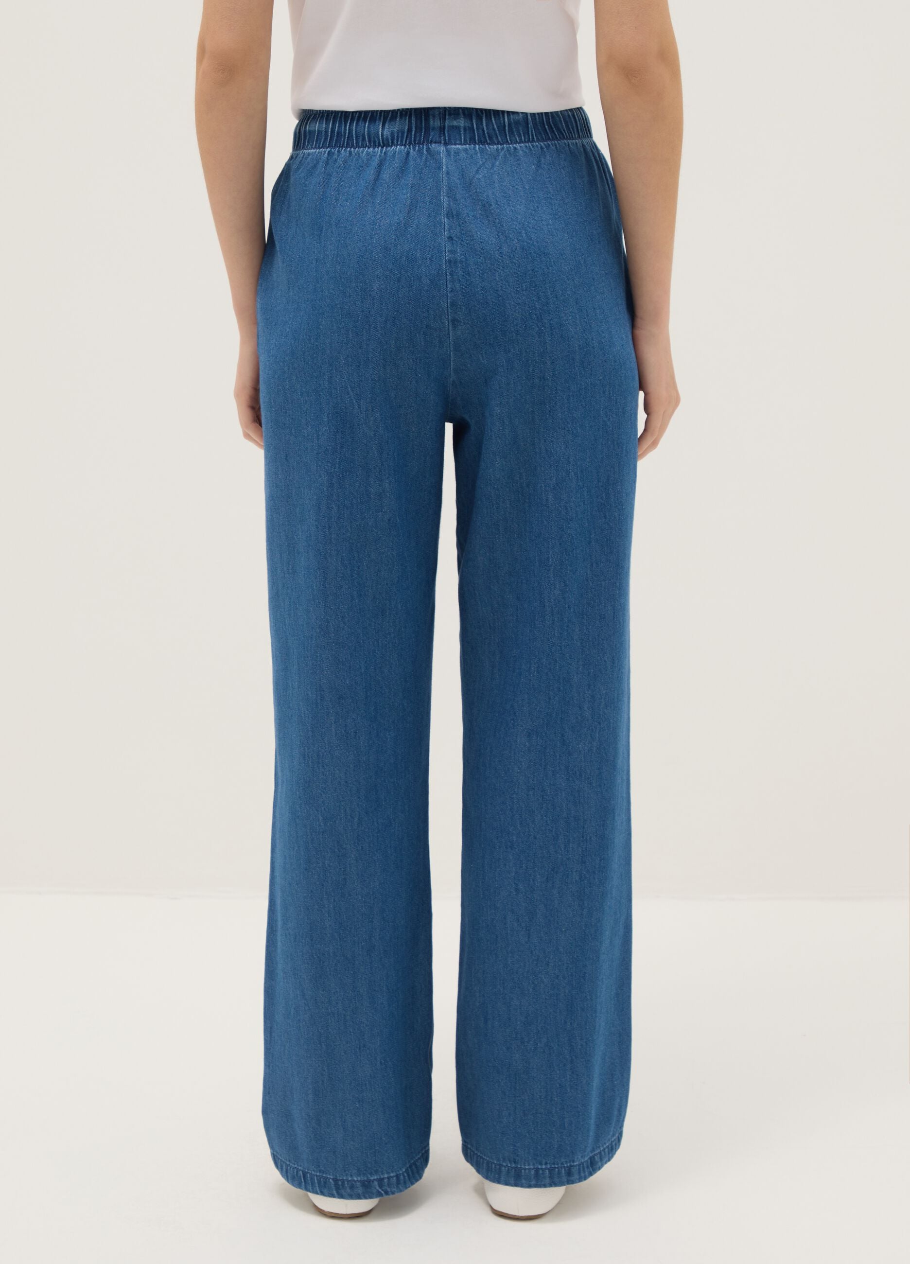 Wide leg blue denim pure cotton trousers with elastic waistband