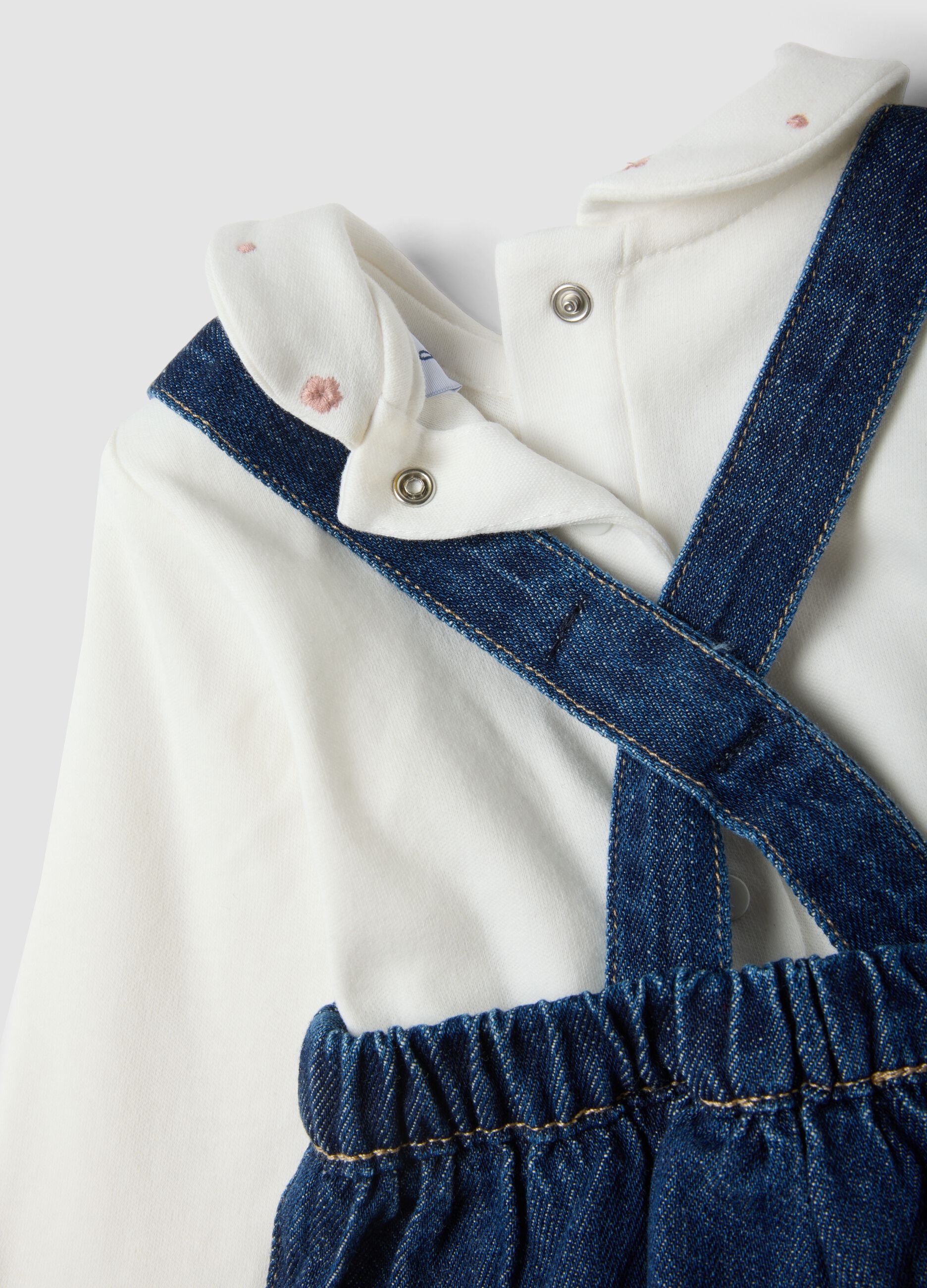 Blue and white cotton-viscose blend set with classic collar for baby girl