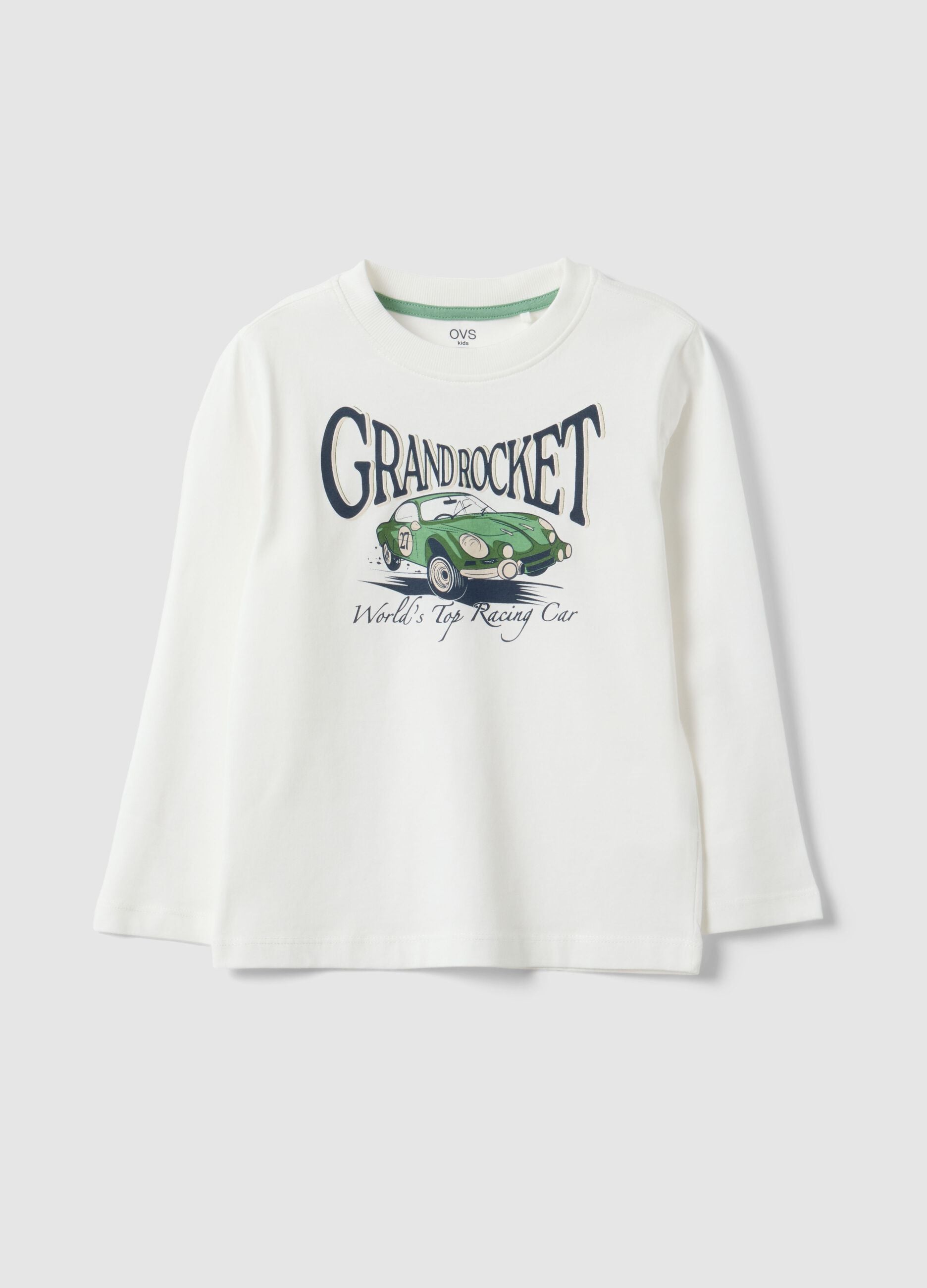 Boys&rsquo; white pure cotton T-shirt with car print, regular fit