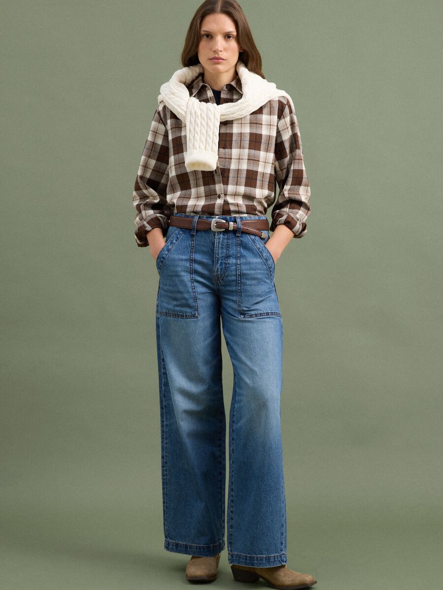 Brown checked pure cotton flannel shirt, regular fit_1