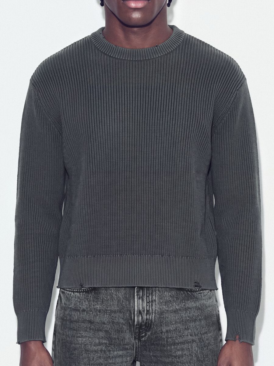 Maglia grigia in puro cotone a coste con girocollo regular fit_3