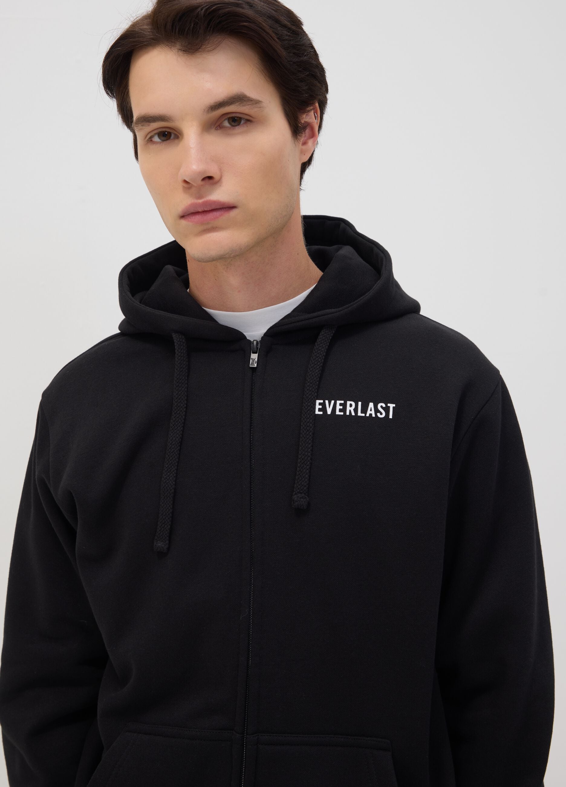 Black zip-up hooded sweatshirt in cotton blend
