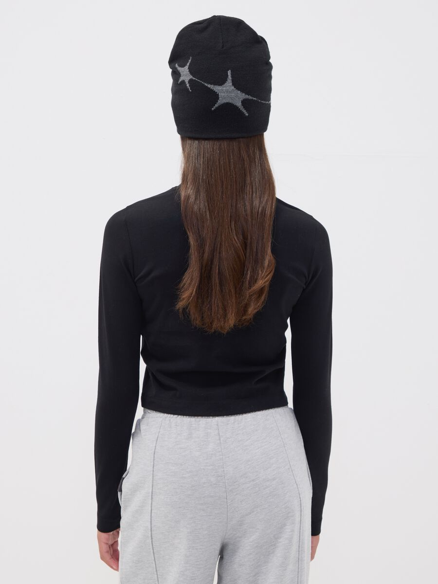Black pure cotton T-shirt with applied stars, regular fit for girls_2