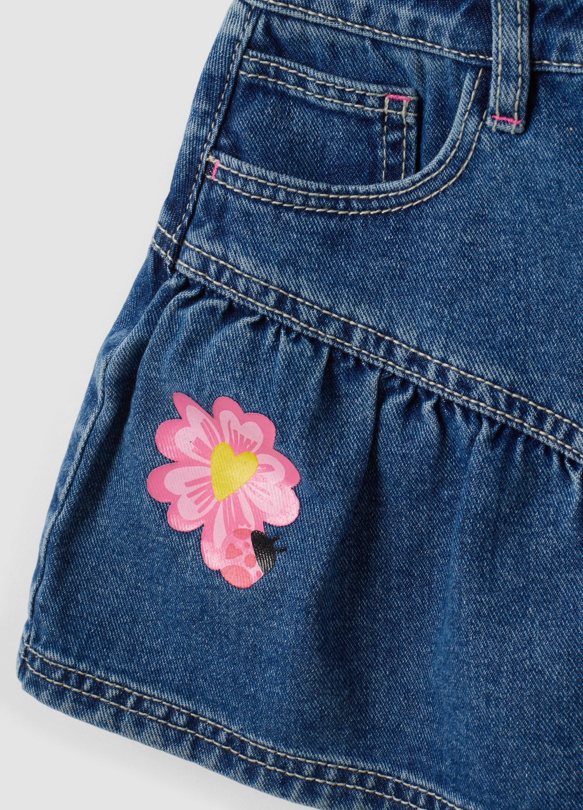 Blue pure cotton denim skirt with floral embroidery for girls
