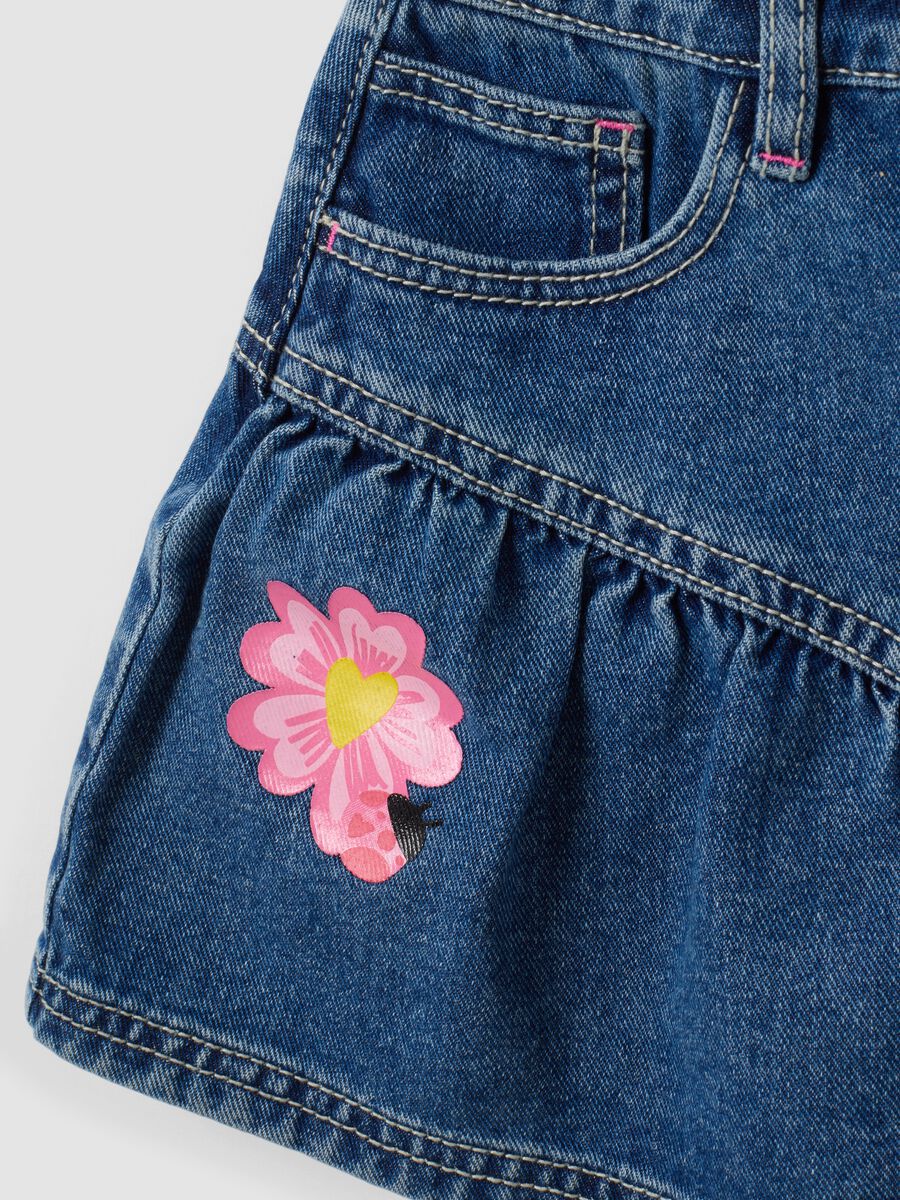 Blue pure cotton denim skirt with floral embroidery for girls_3