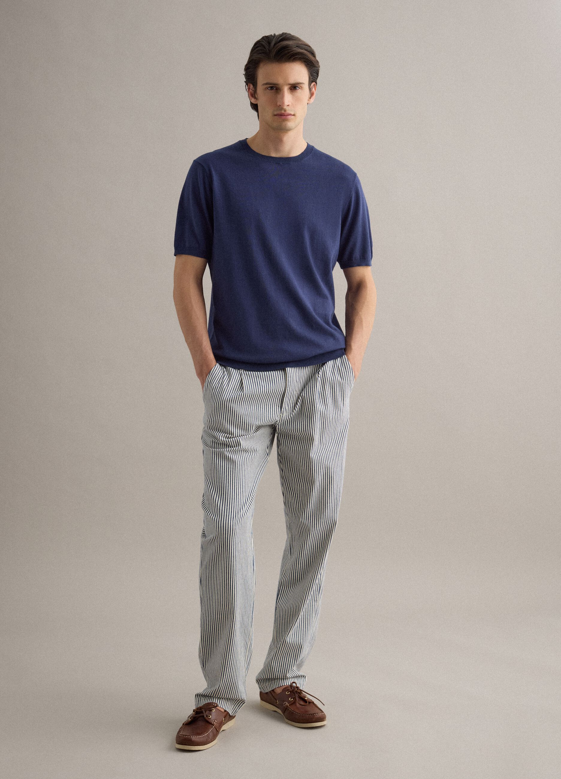 Short sleeve cotton, linen and silk blend blue regular fit T-shirt