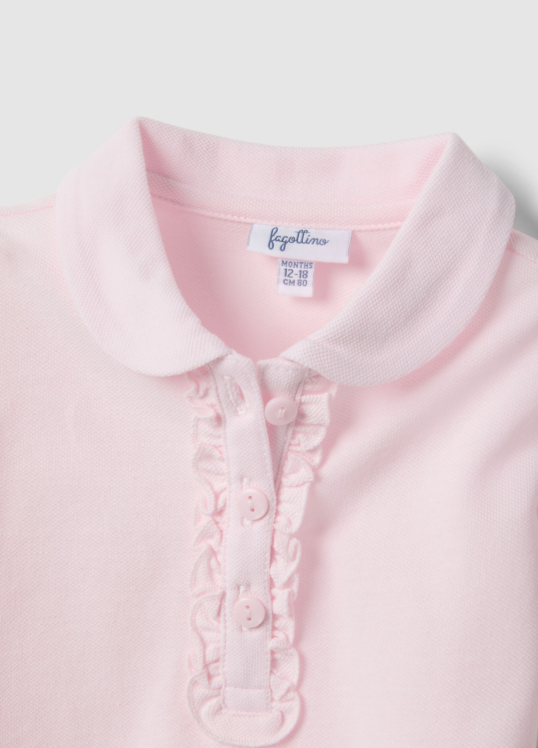 Girls' Pink Cotton Polo Shirt, Regular Fit with Frill Detail