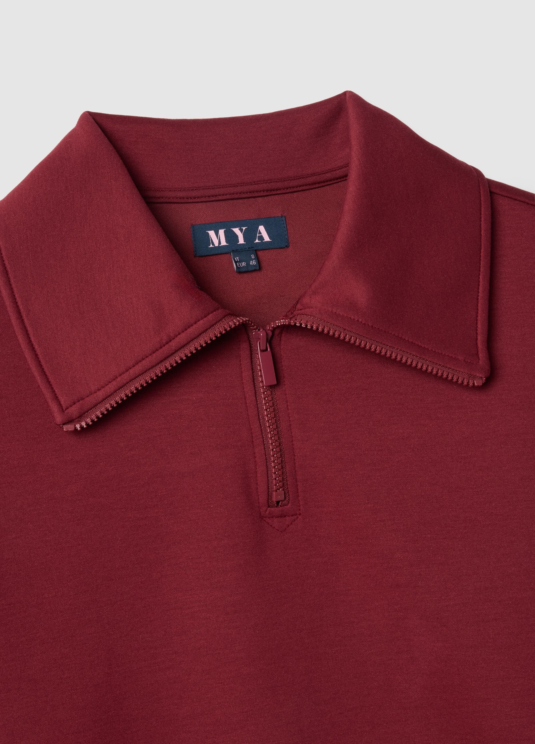 Red regular fit sweatshirt with fold-over collar and half zip