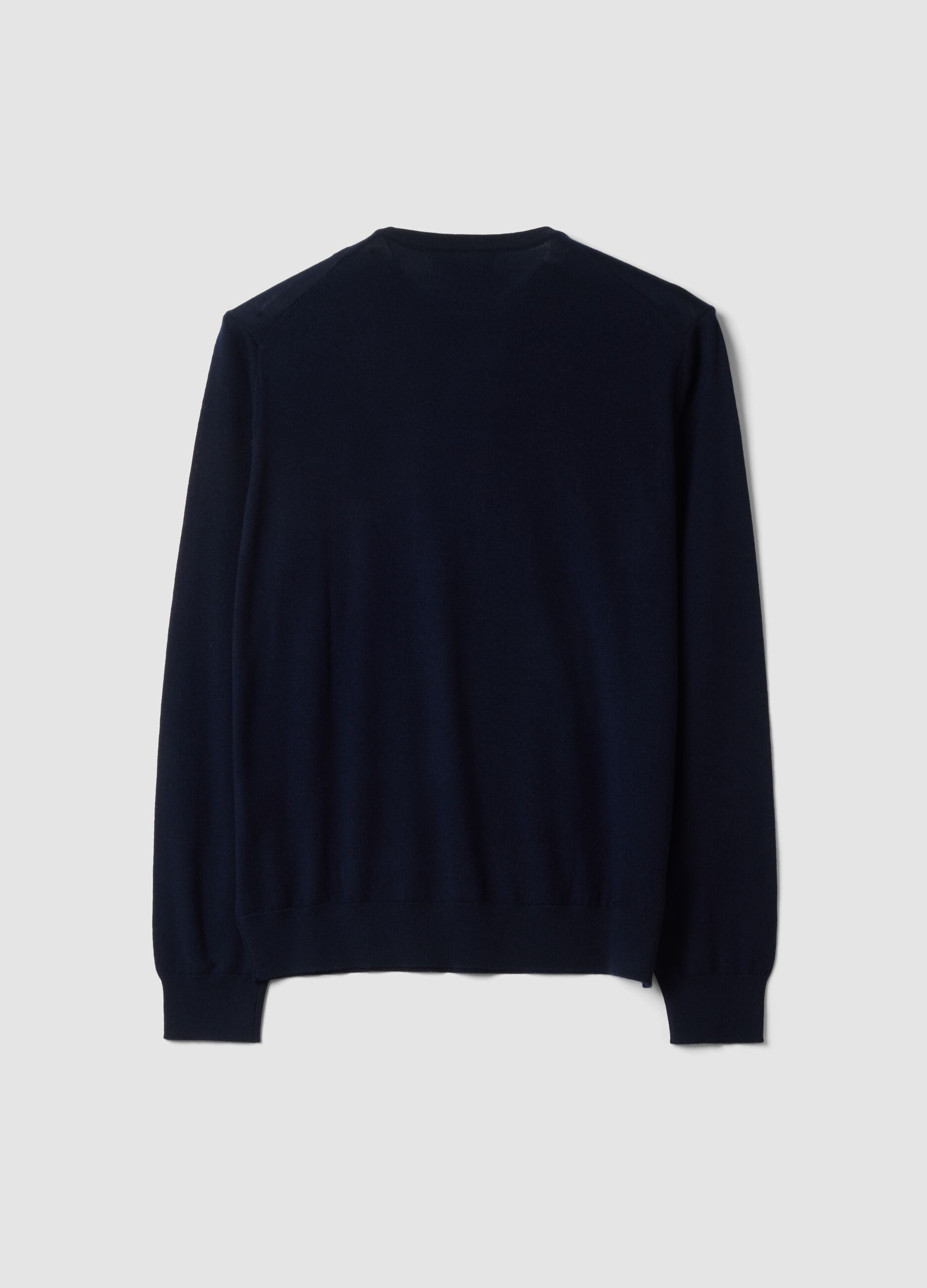 Navy blue crew-neck jumper in pure merino wool, regular fit