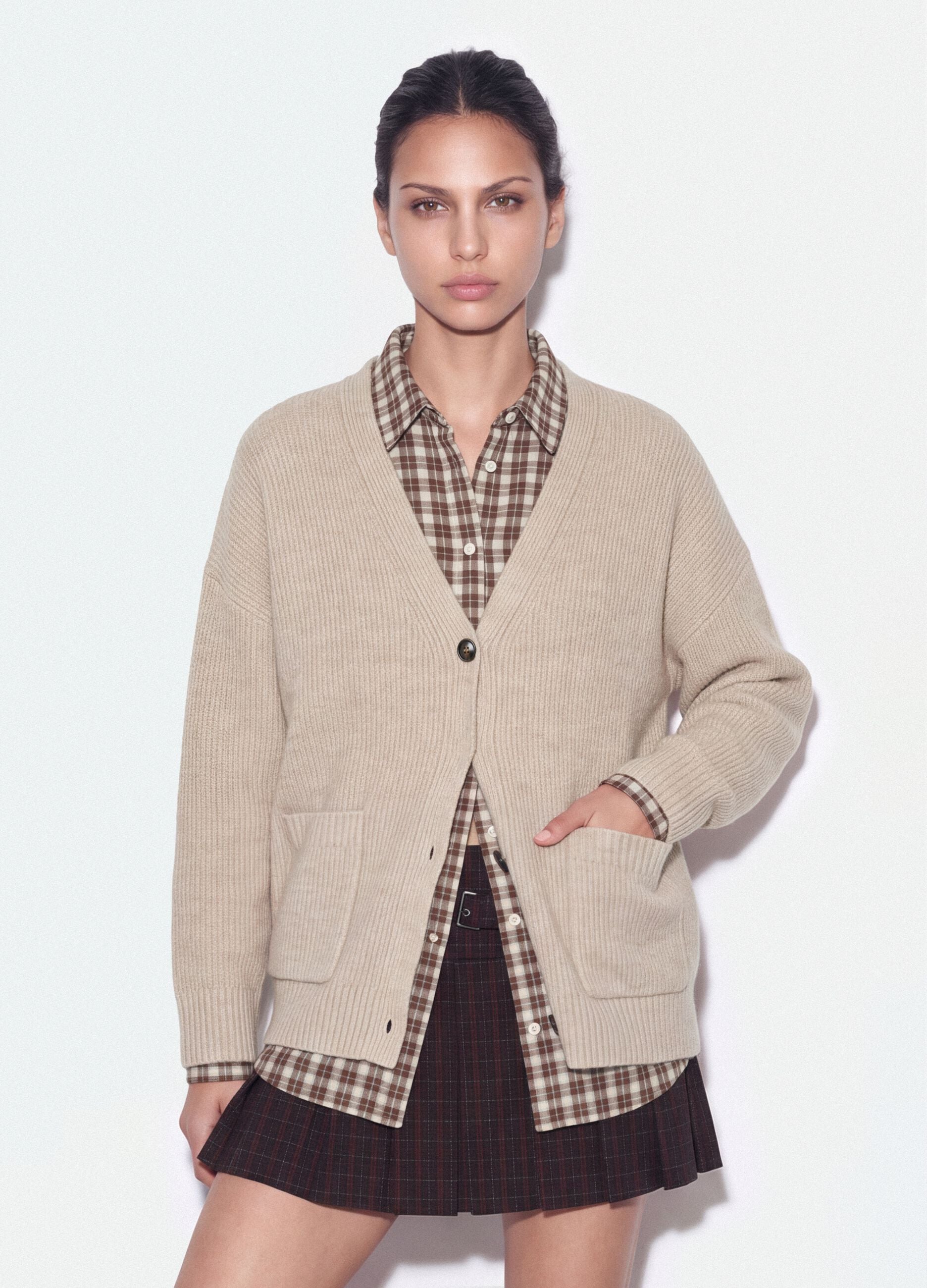 Beige stretch cardigan with deep V-neck