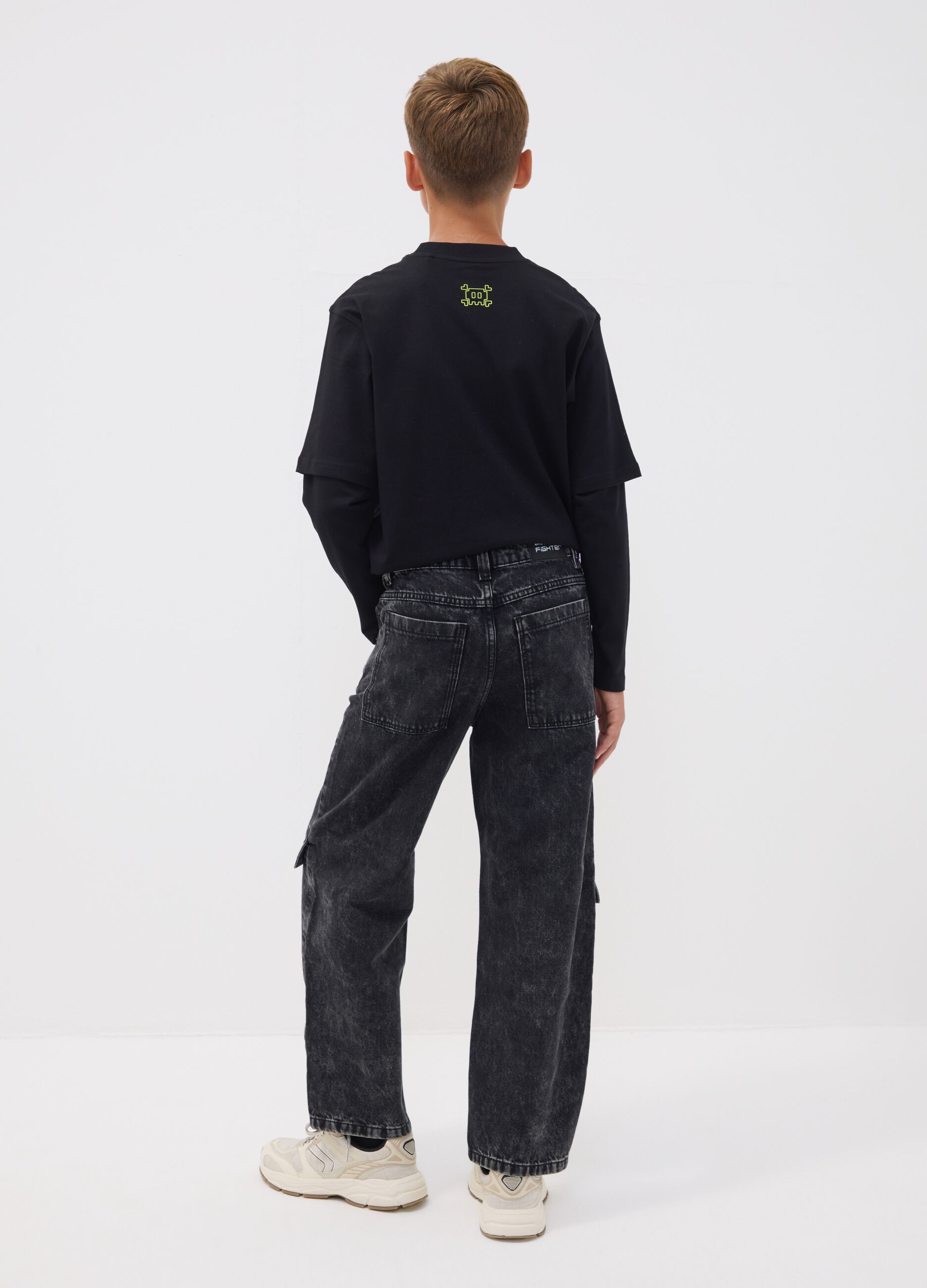 Black pure cotton cargo jeans, skater fit