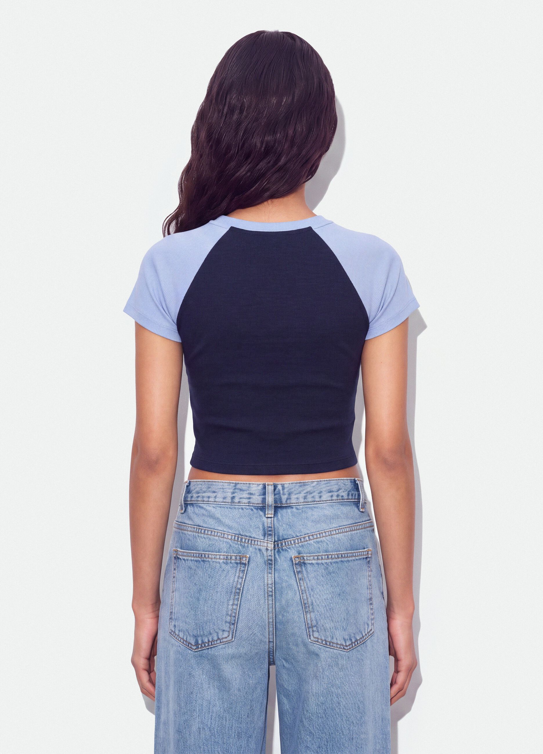 Blue stretch cotton crew-neck T-shirt with contrast sleeves
