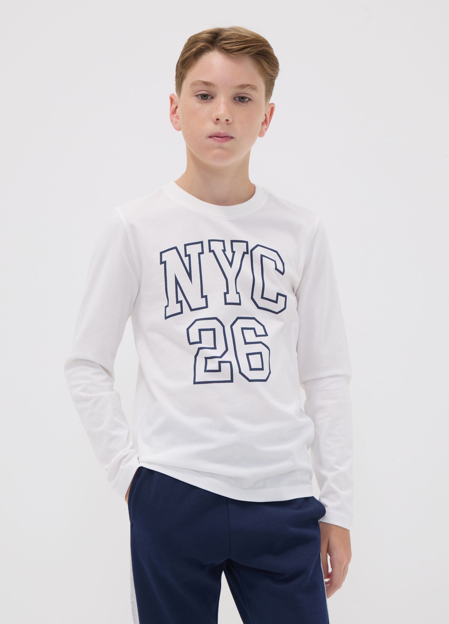 White organic cotton graphic print T-shirt for boys
