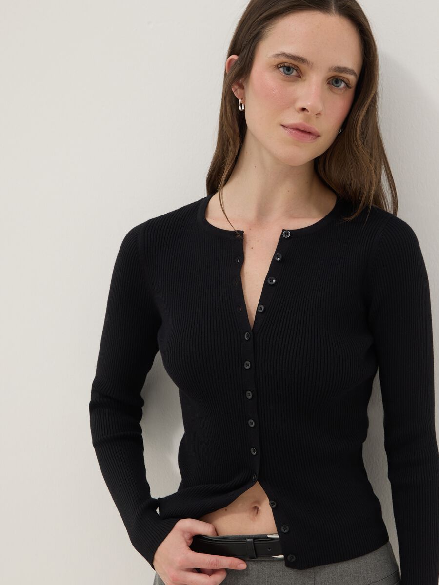 Black viscose blend cardigan with fitted silhouette_1