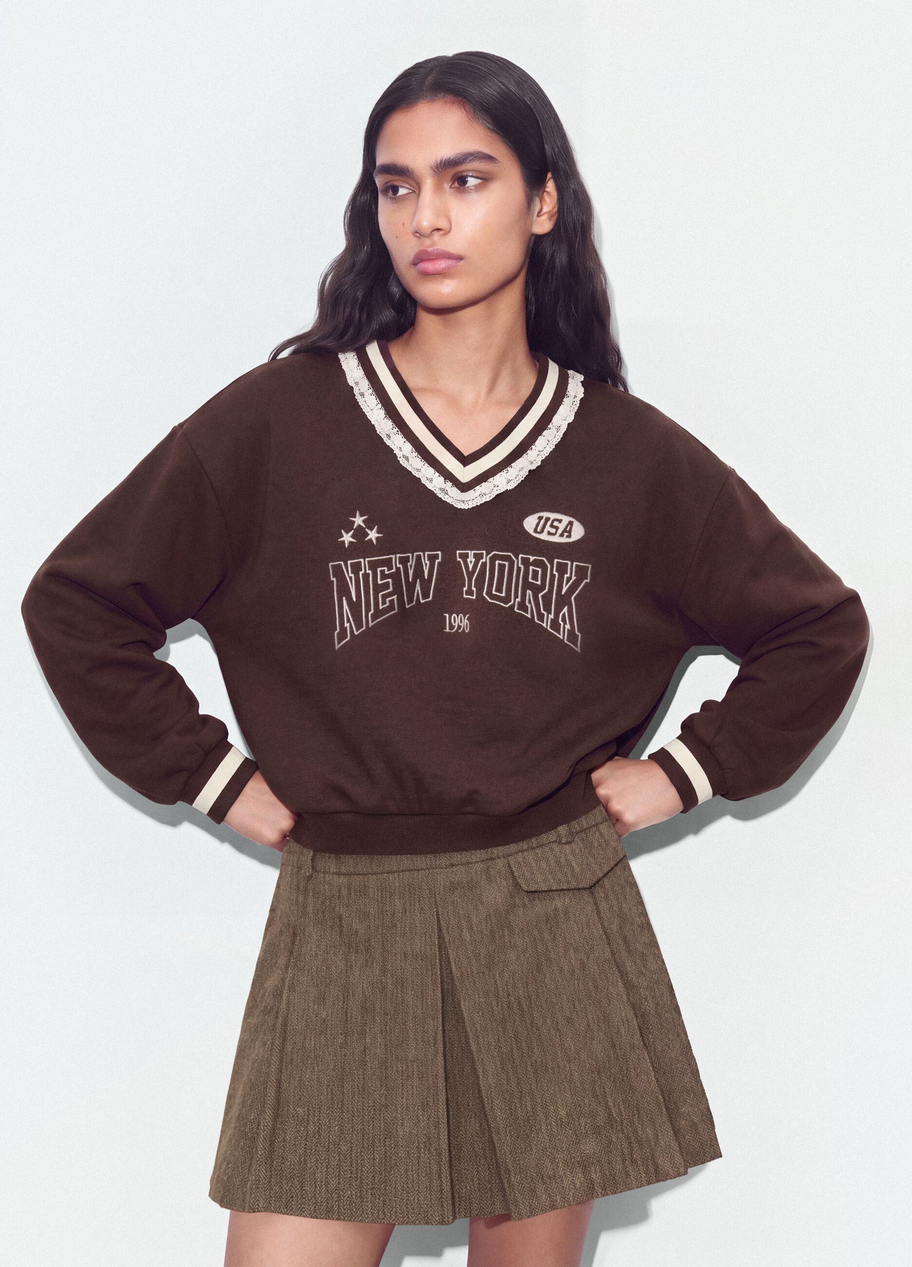 Brown cotton-blend sweatshirt with V-neck and lace detailing