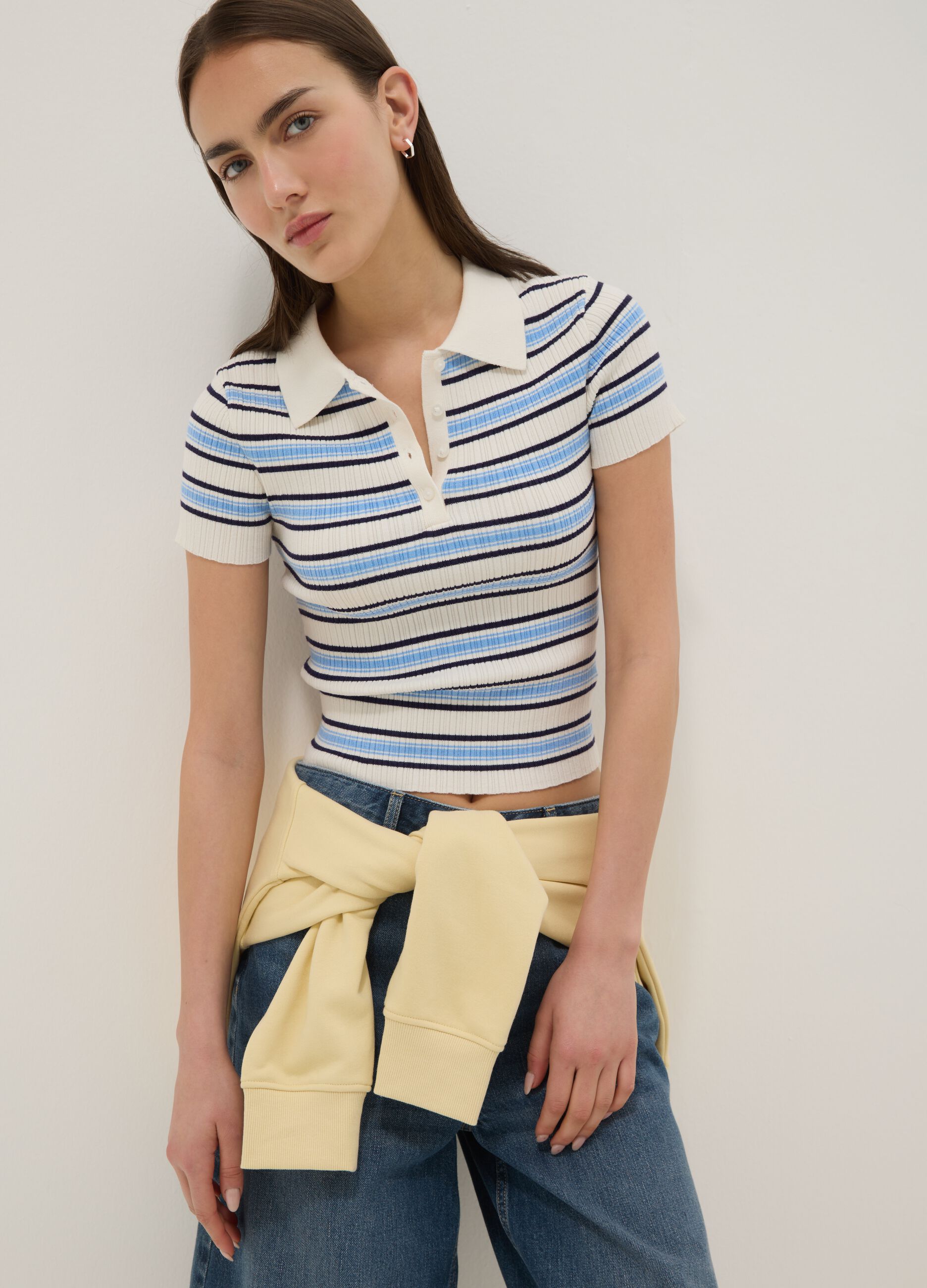 Fitted viscose-blend jumper with multicolour stripes and polo collar