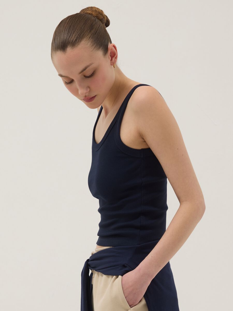 Blue fitted stretch-cotton vest top_1