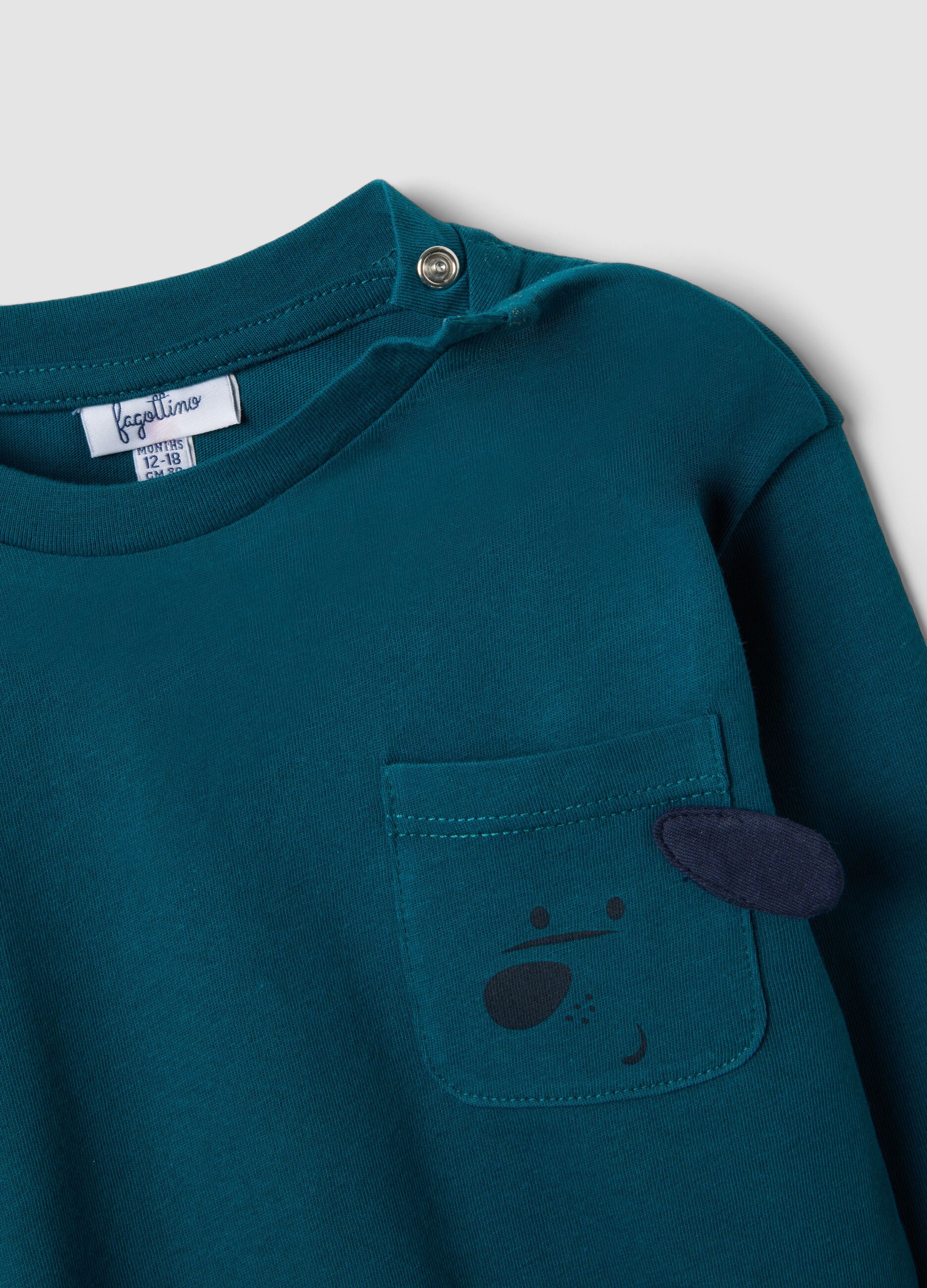 Green pure organic cotton crew-neck T-shirt with chest pocket for baby boy