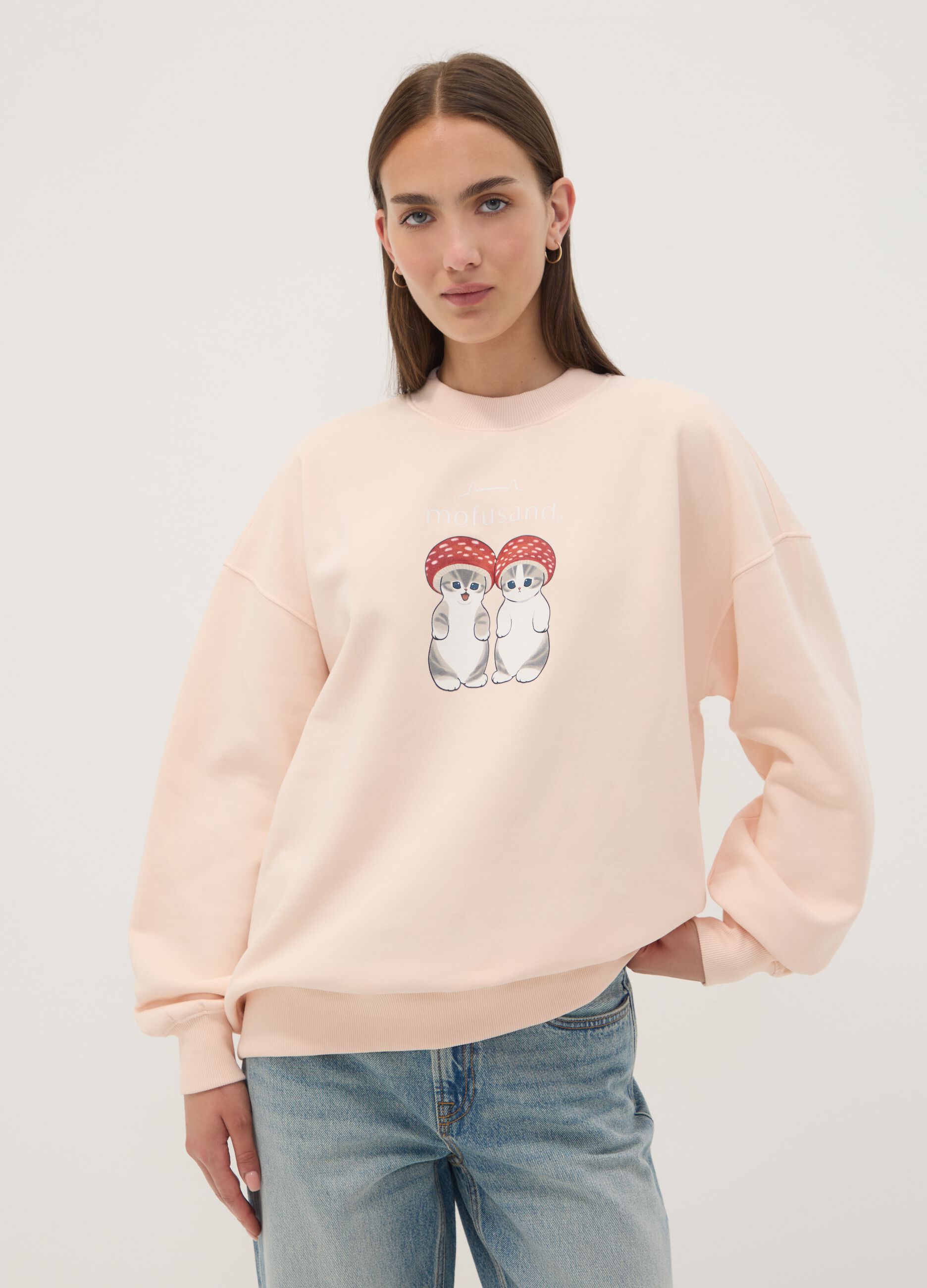 Pink cotton-blend sweatshirt with kitten print, regular fit