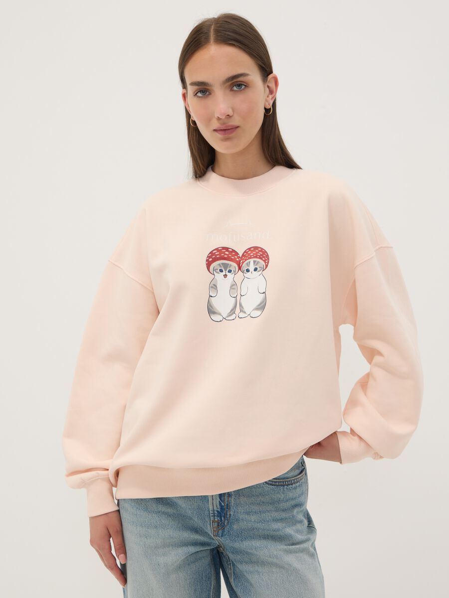 Pink cotton-blend sweatshirt with kitten print, regular fit_0