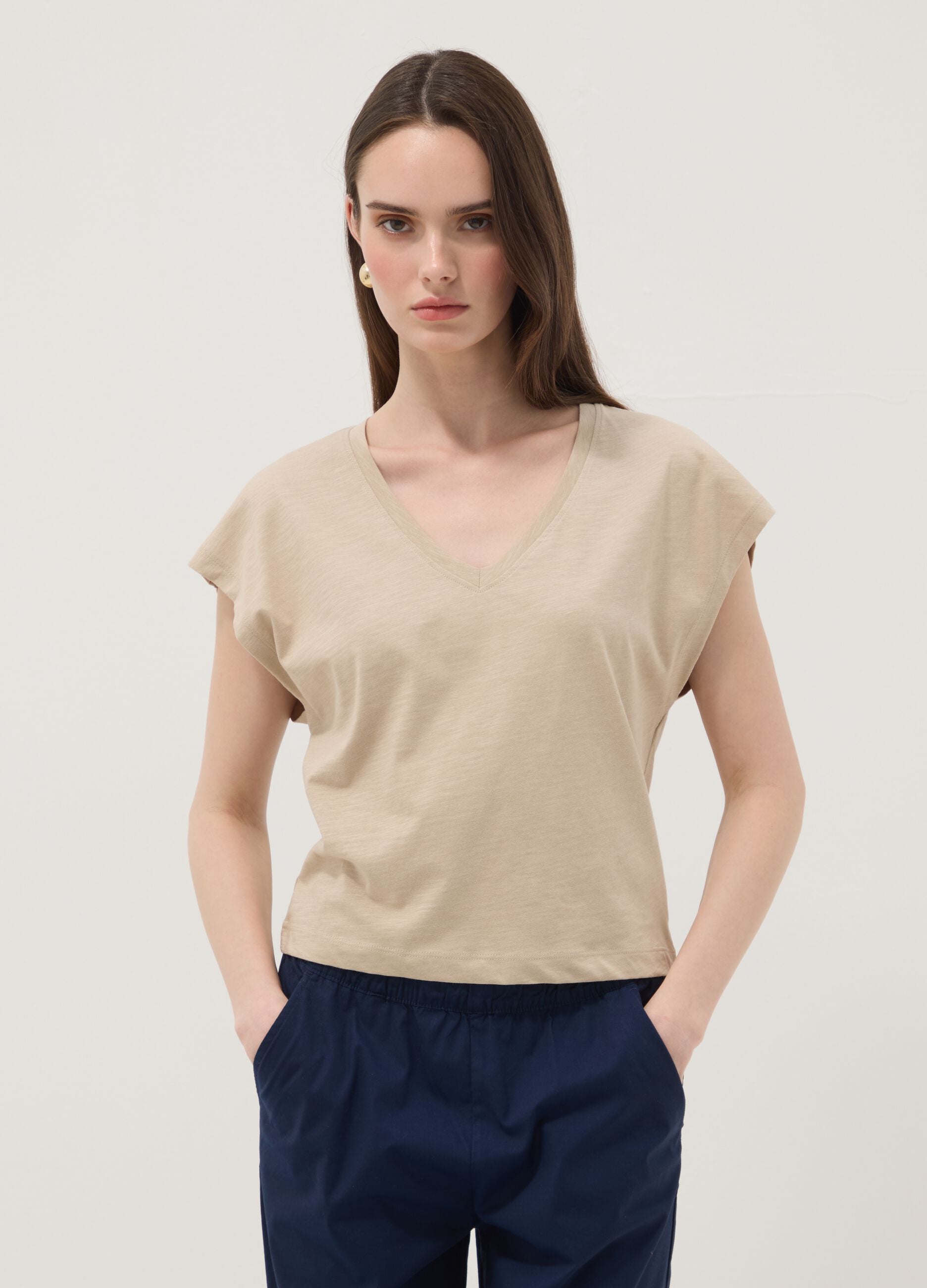 Beige pure cotton V-neck T-shirt