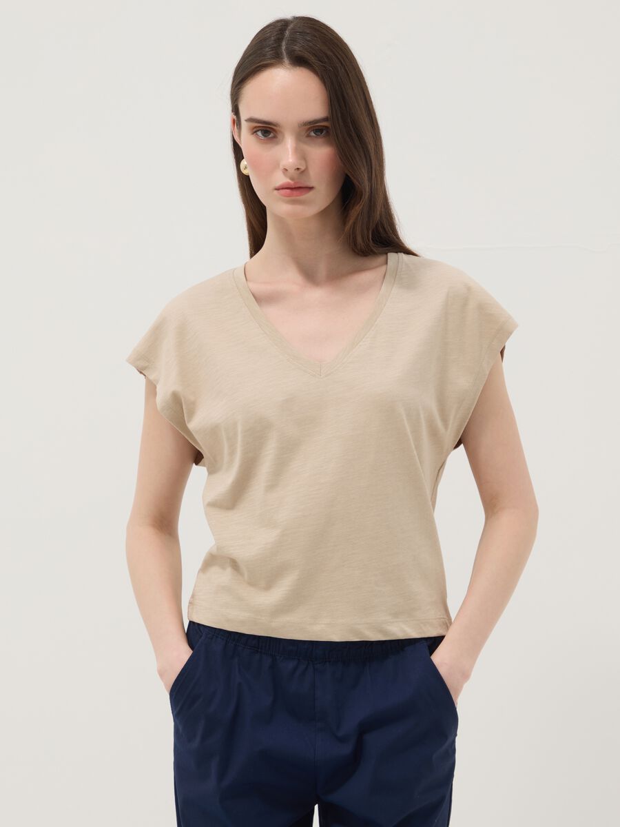 Beige pure cotton V-neck T-shirt_1