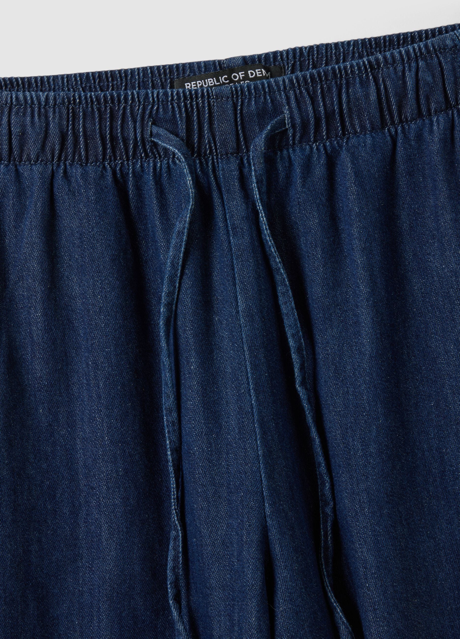Wide-leg blue denim pure cotton trousers with elastic waist