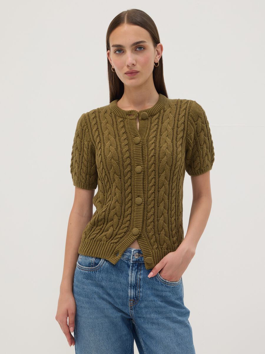 Green cable-knit pure cotton cardigan, regular fit_1
