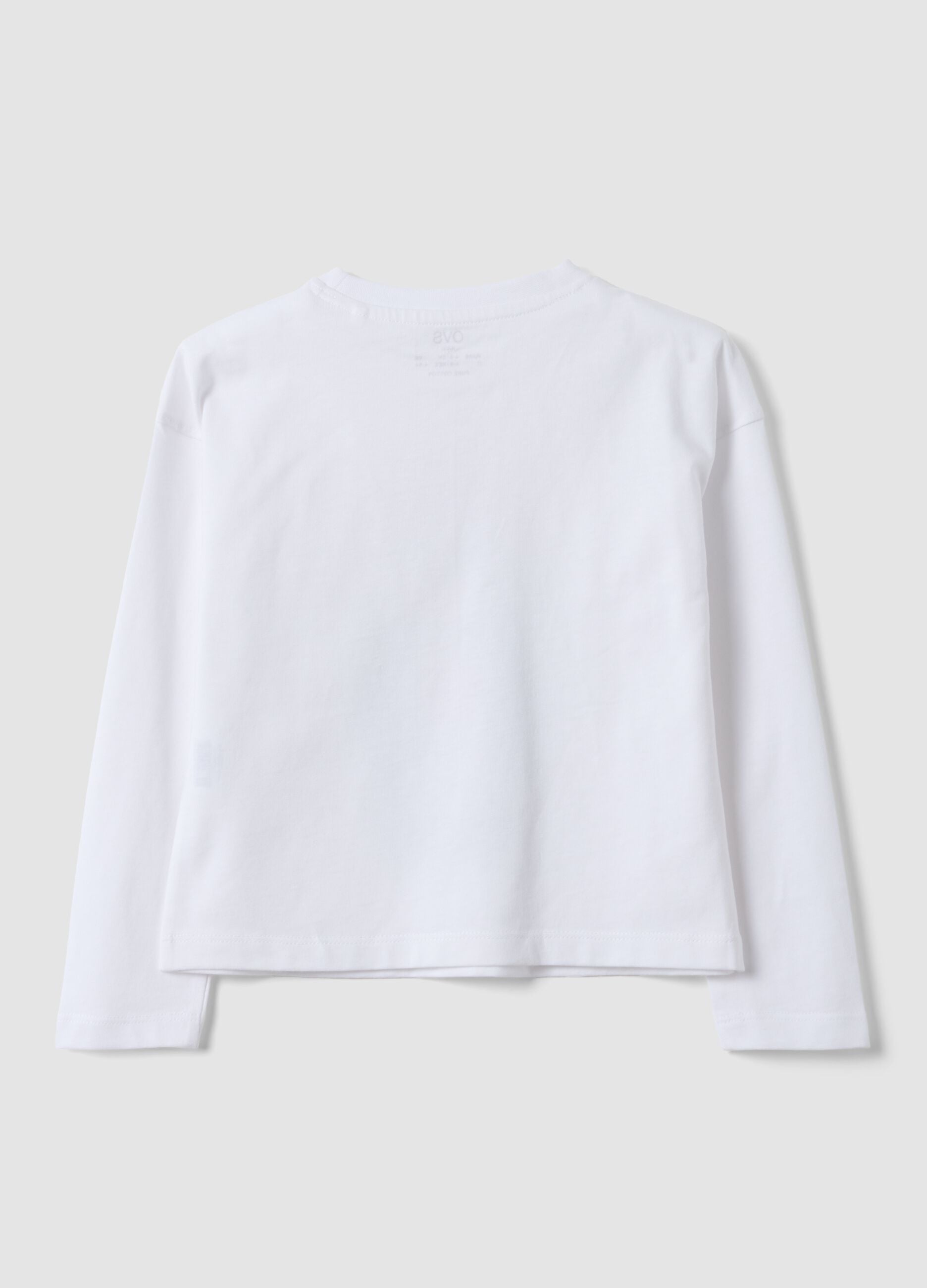 White long-sleeved pure cotton T-shirt with kitten print for girls