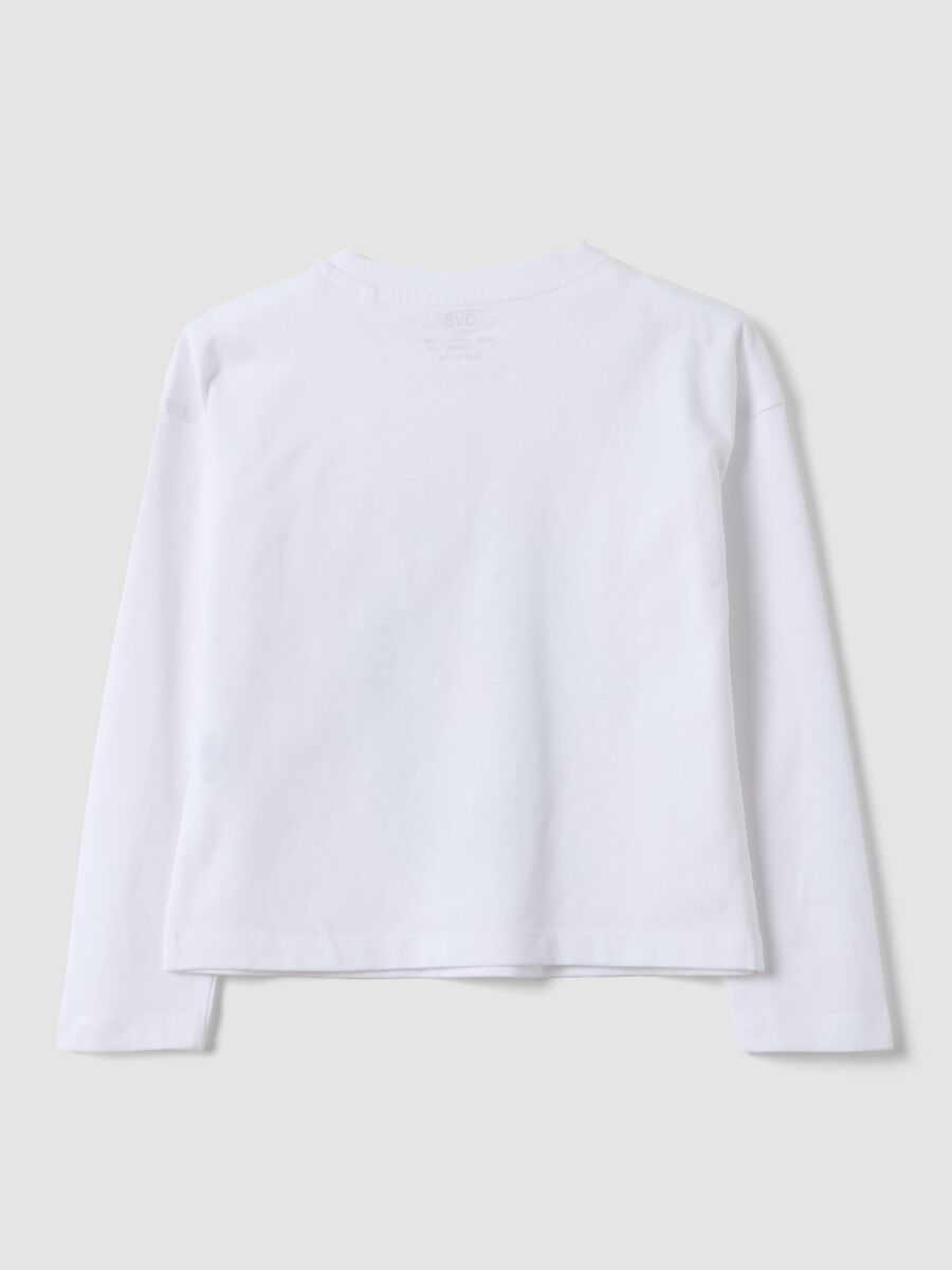 White long-sleeved pure cotton T-shirt with kitten print for girls_1