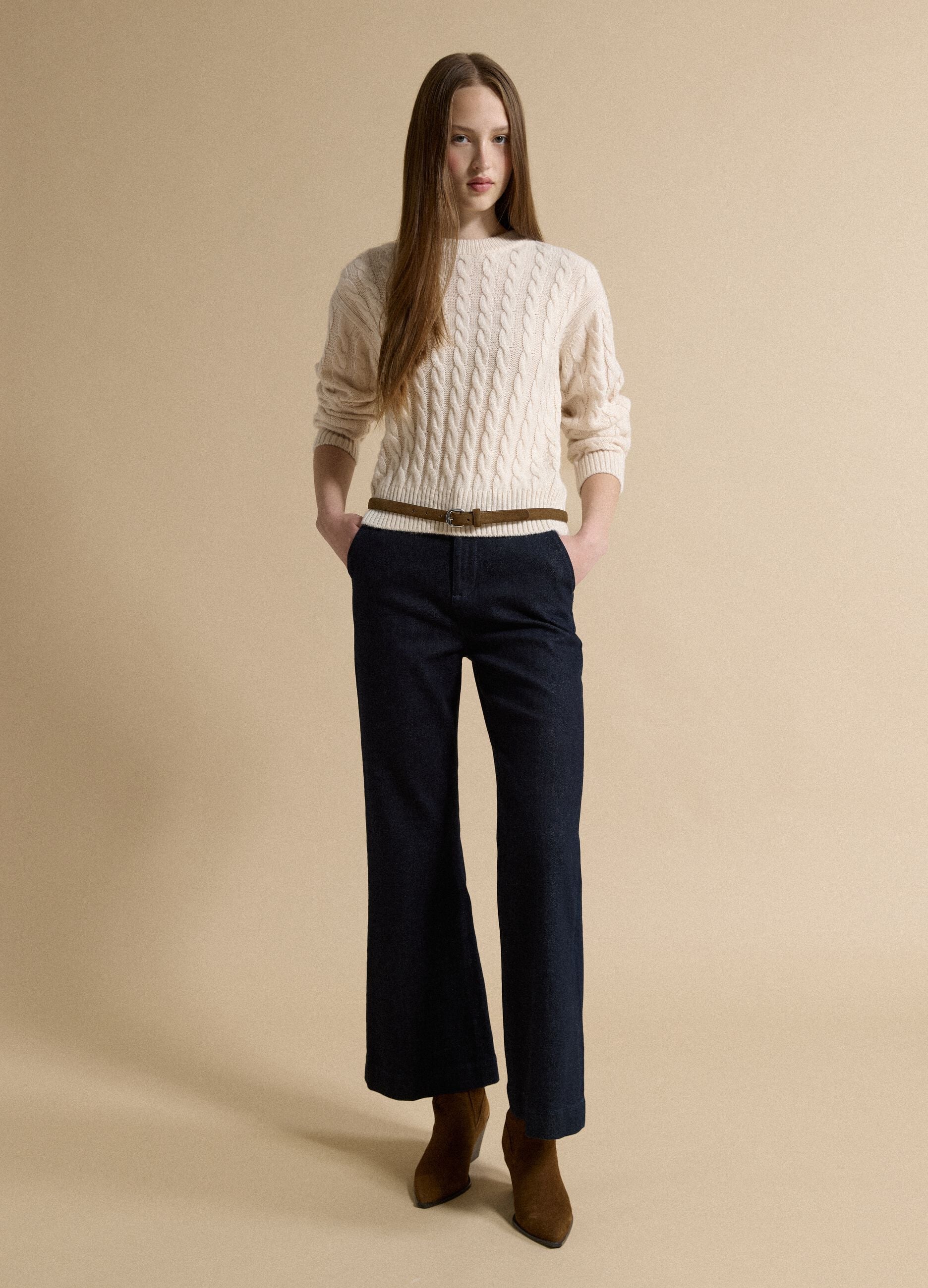 Beige wool-blend cable-knit crew-neck jumper in an oversized fit