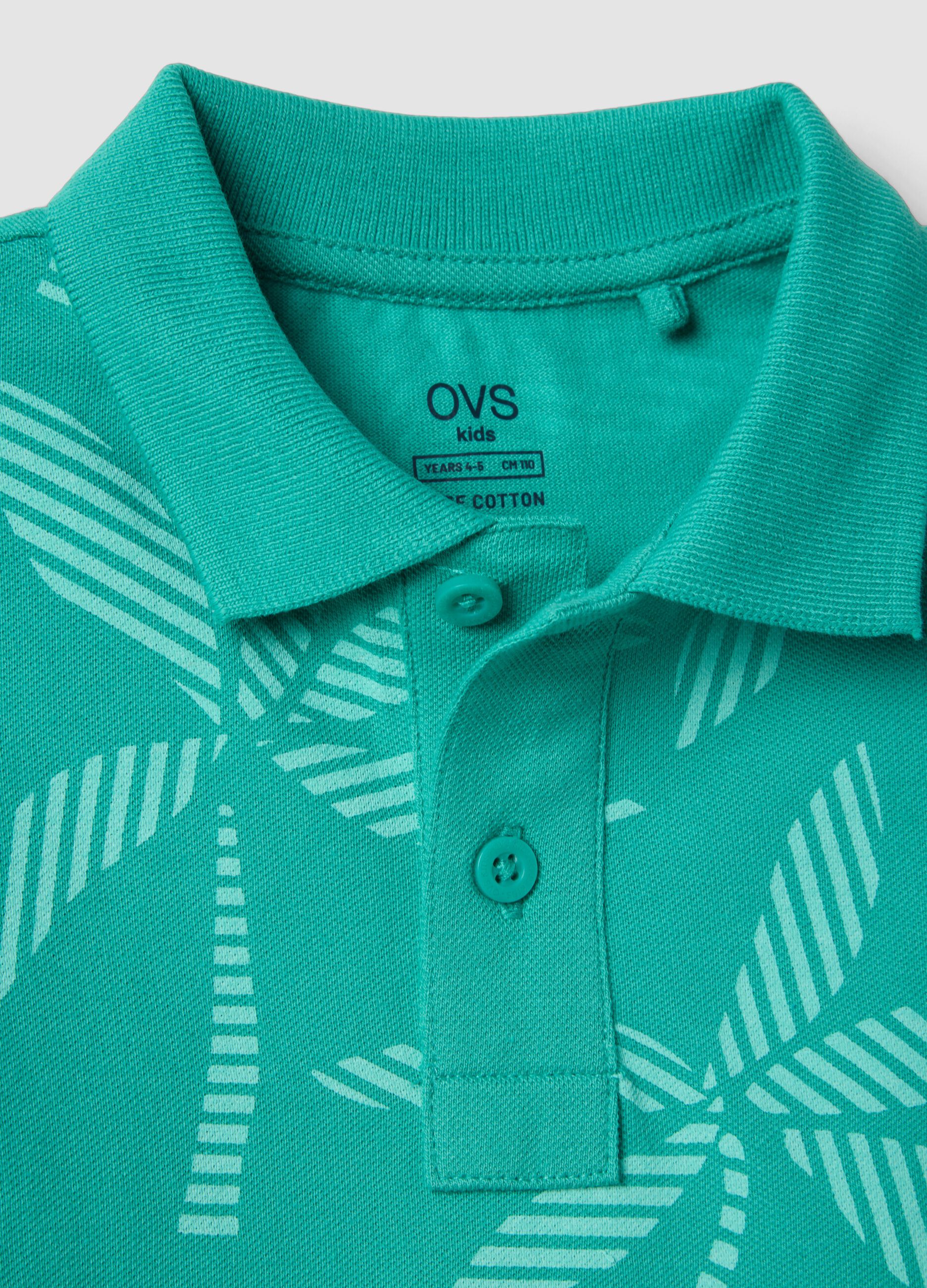 Green pure cotton boys&rsquo; polo shirt, regular fit, with floral design