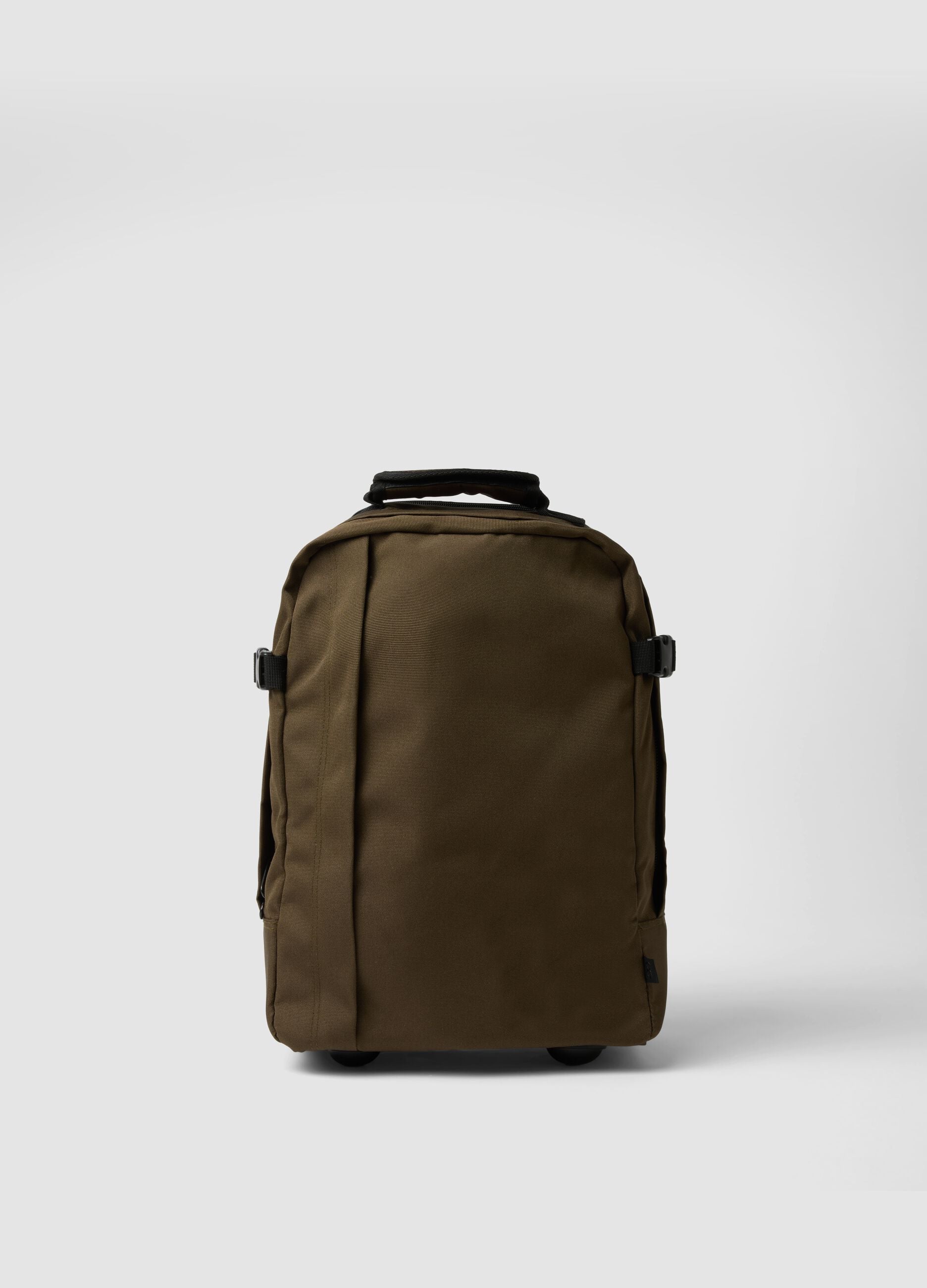 Brown trolley bag with shoulder straps and telescopic handle
