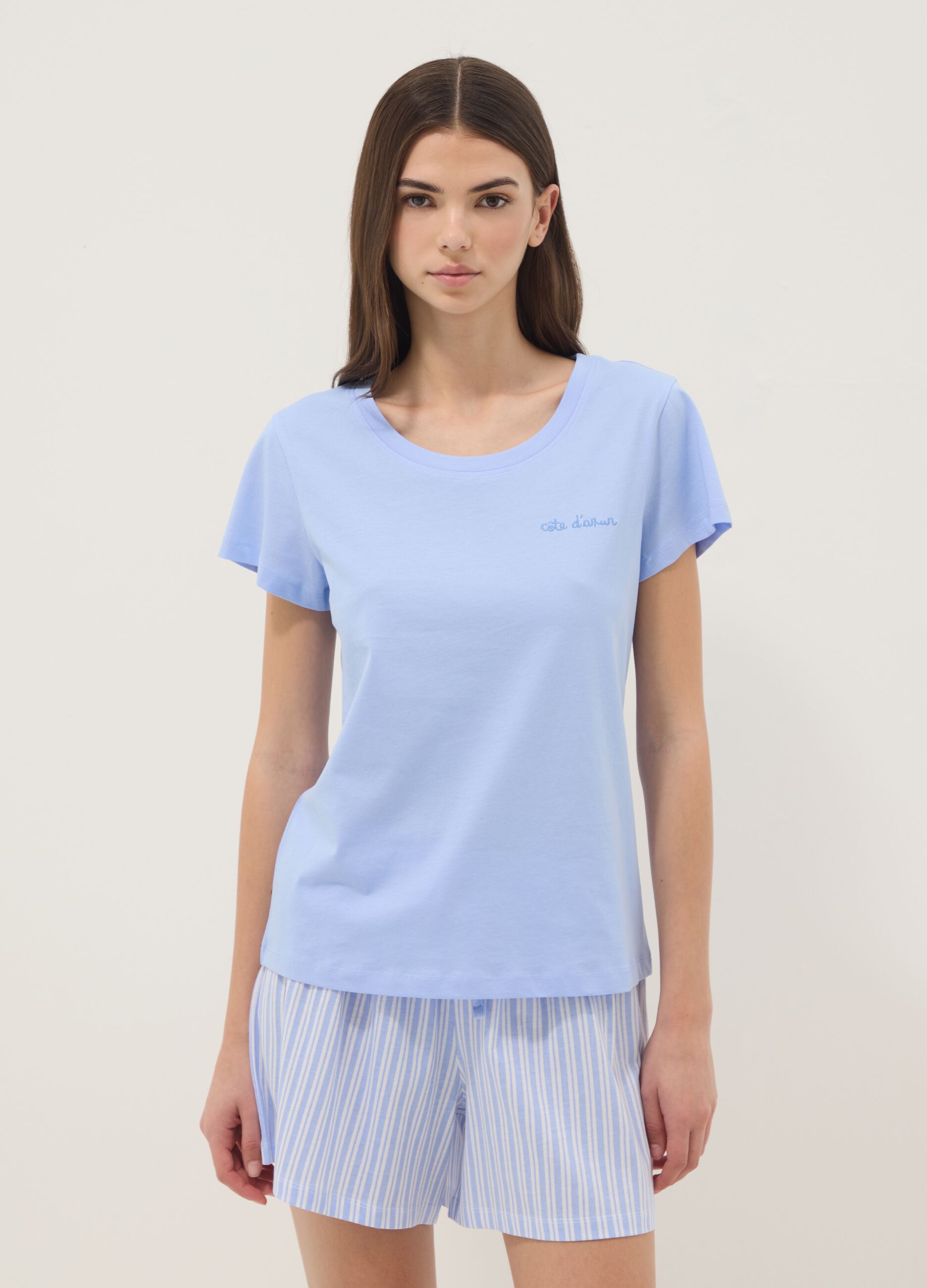 Sky blue regular fit short pyjamas in pure cotton