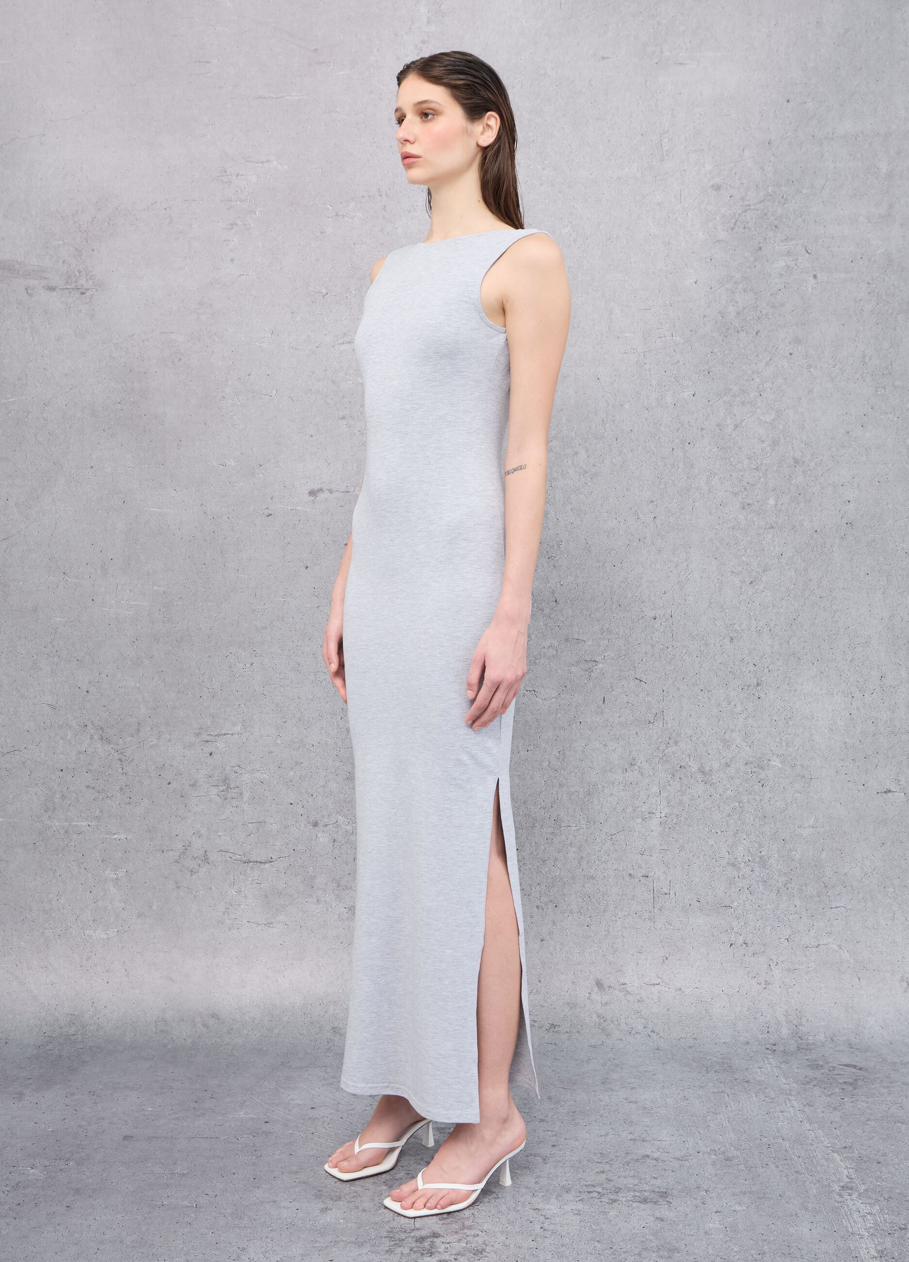 Grey Melange Backless Long Dress 