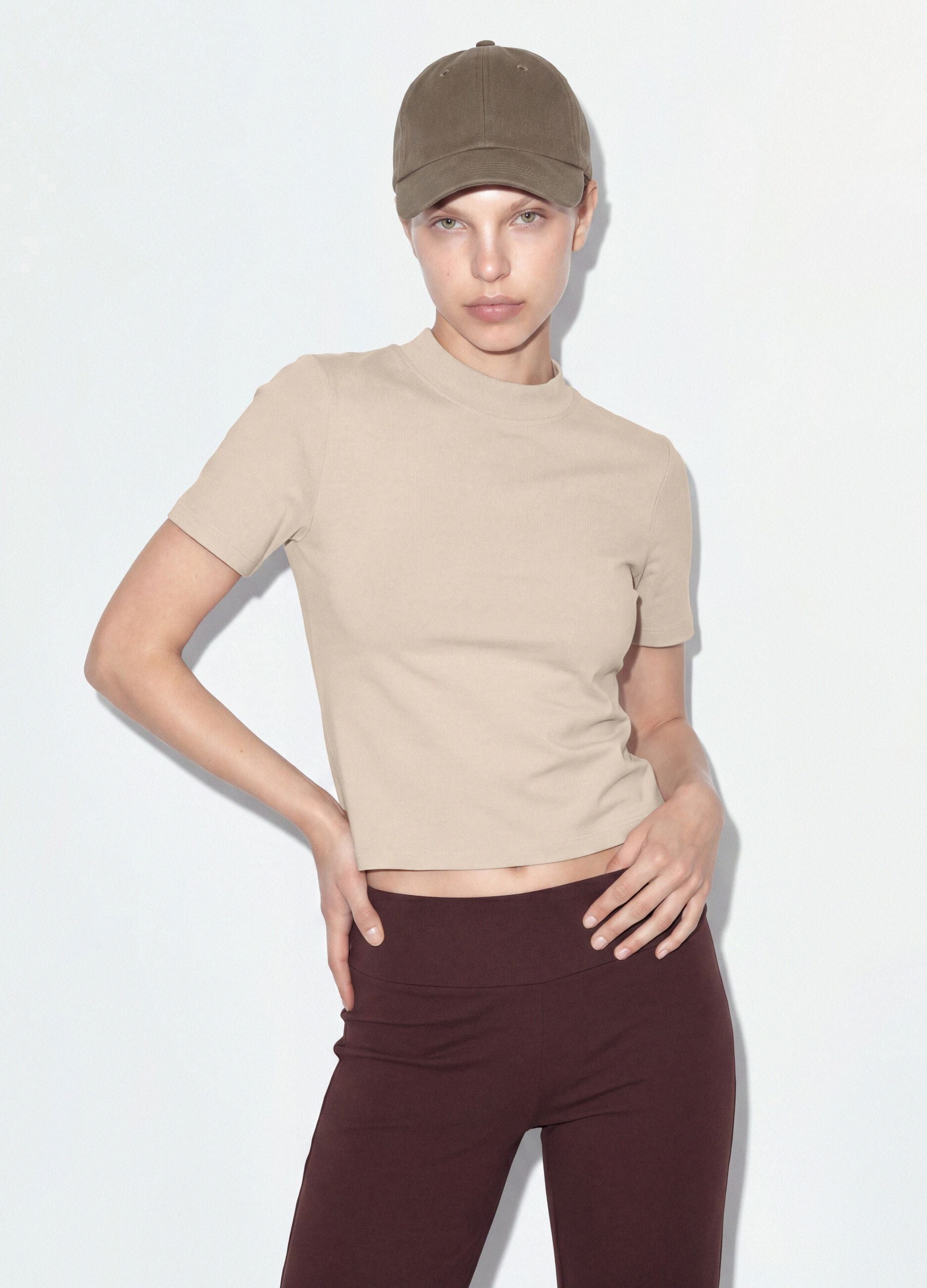 Beige fitted stretch-cotton T-shirt with high neck