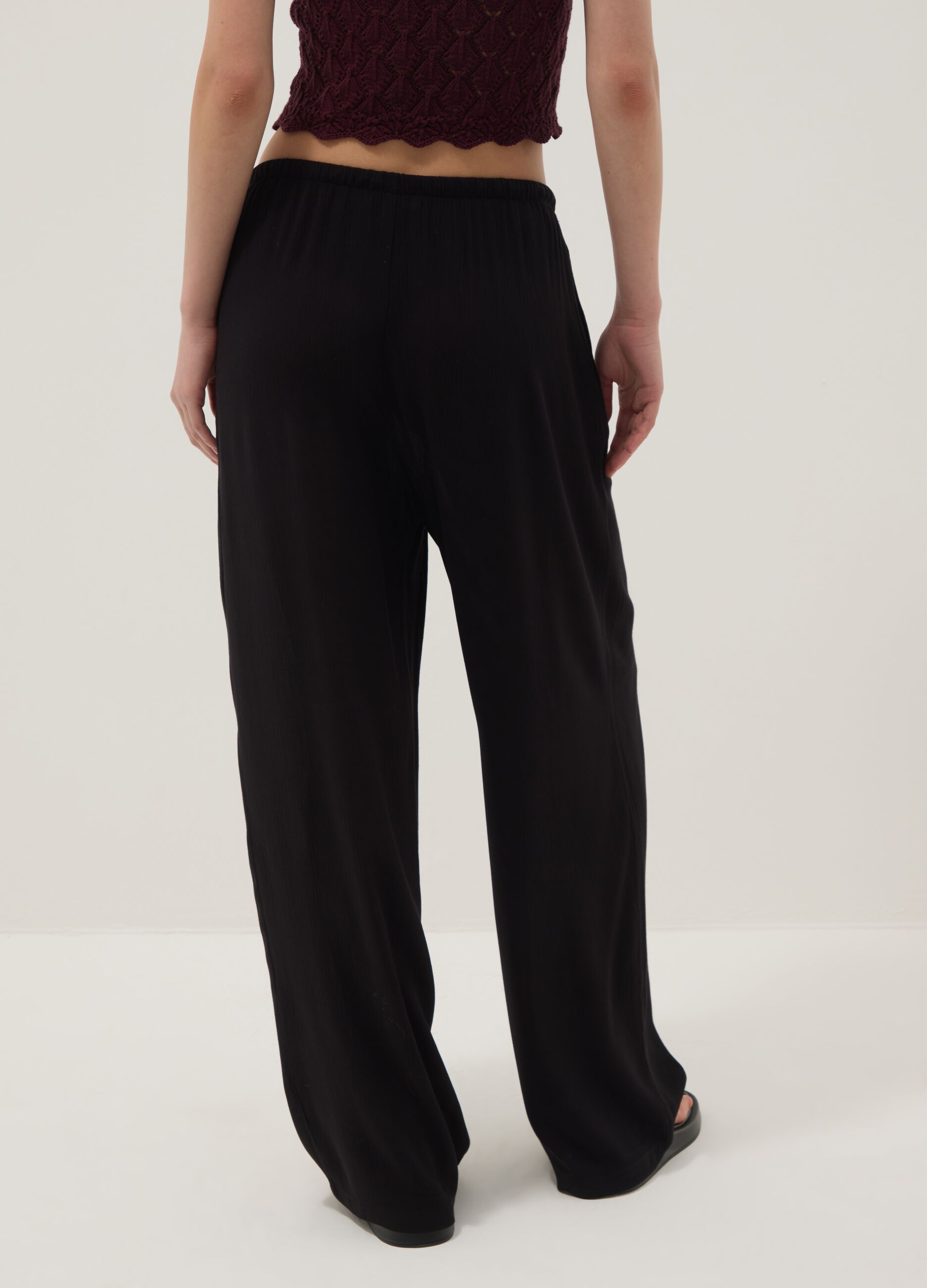 Black pure viscose trousers with drawstring, relaxed fit