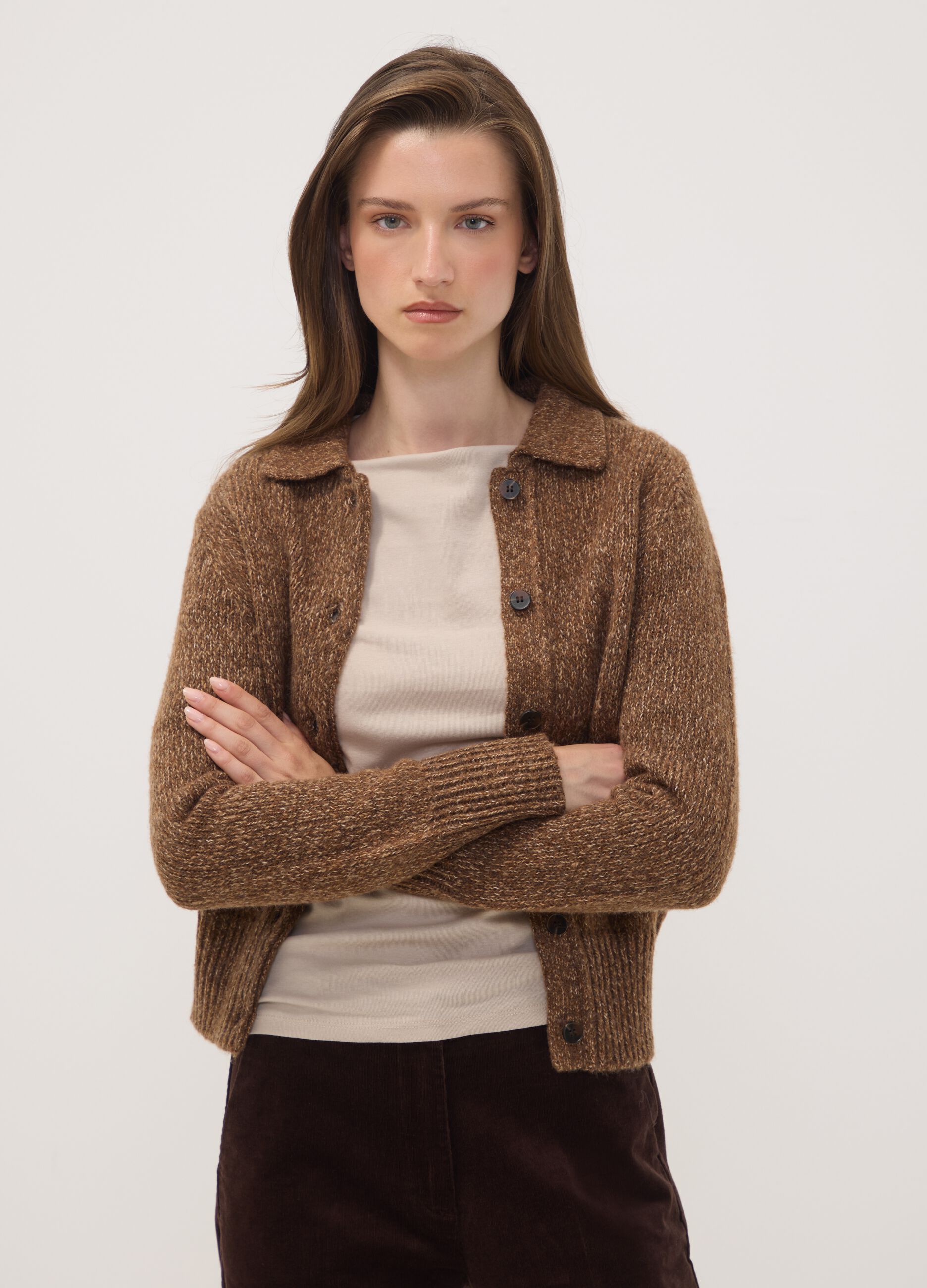 Brown wool-blend cardigan with polo collar
