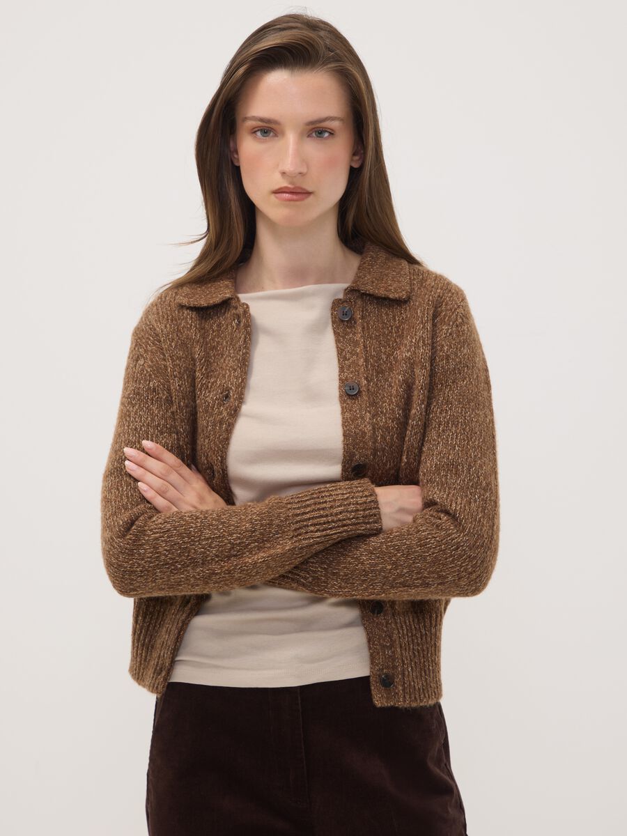 Brown wool-blend cardigan with polo collar_0