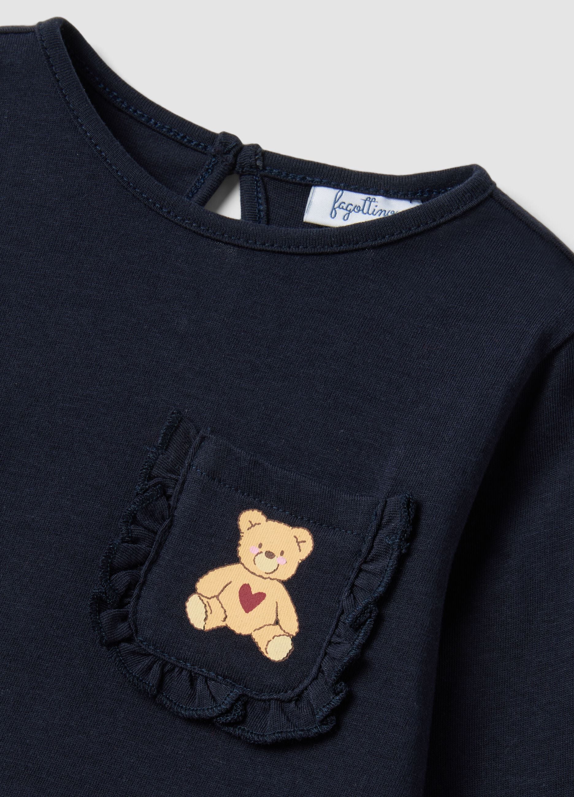 Blue pure organic cotton T-shirt with teddy bear print for baby girl