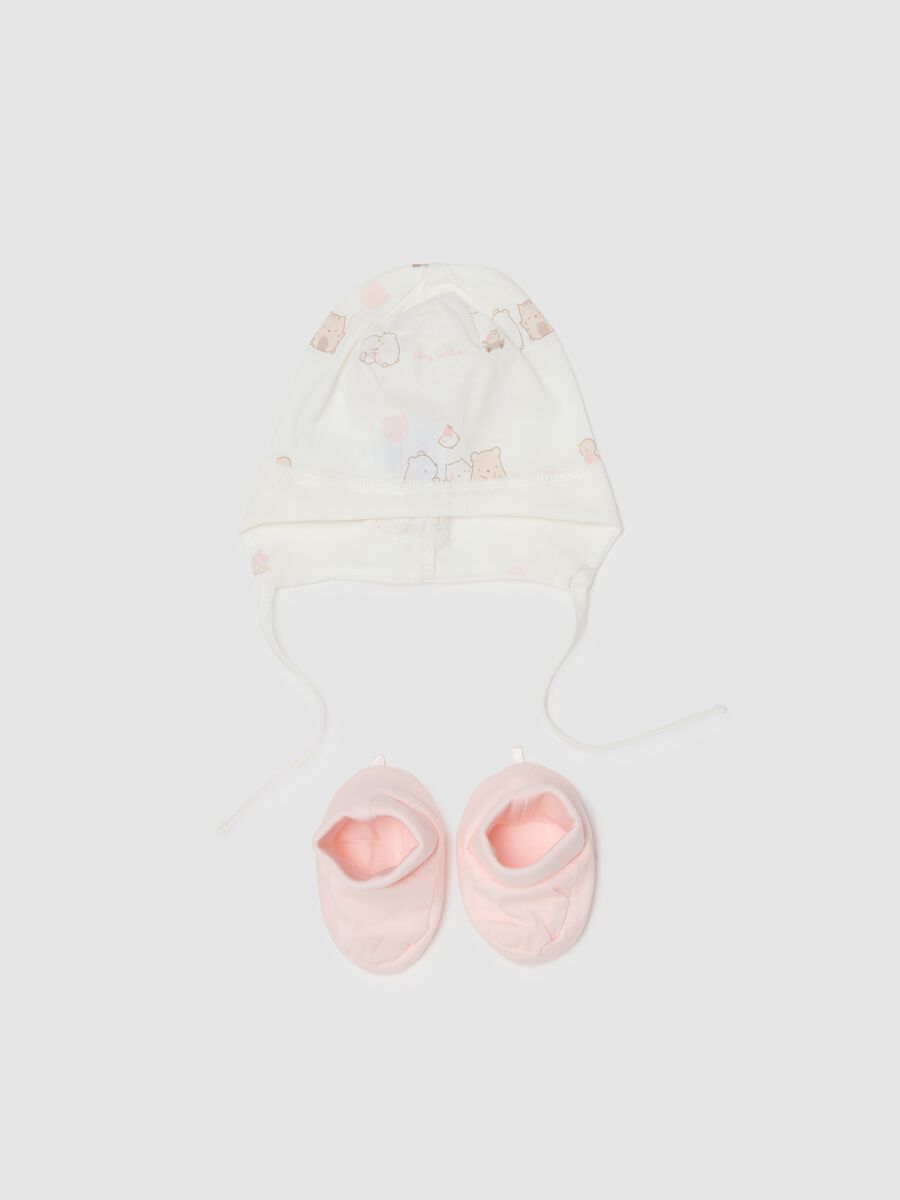 Multicolour baby hat and booties set in pure cotton_0